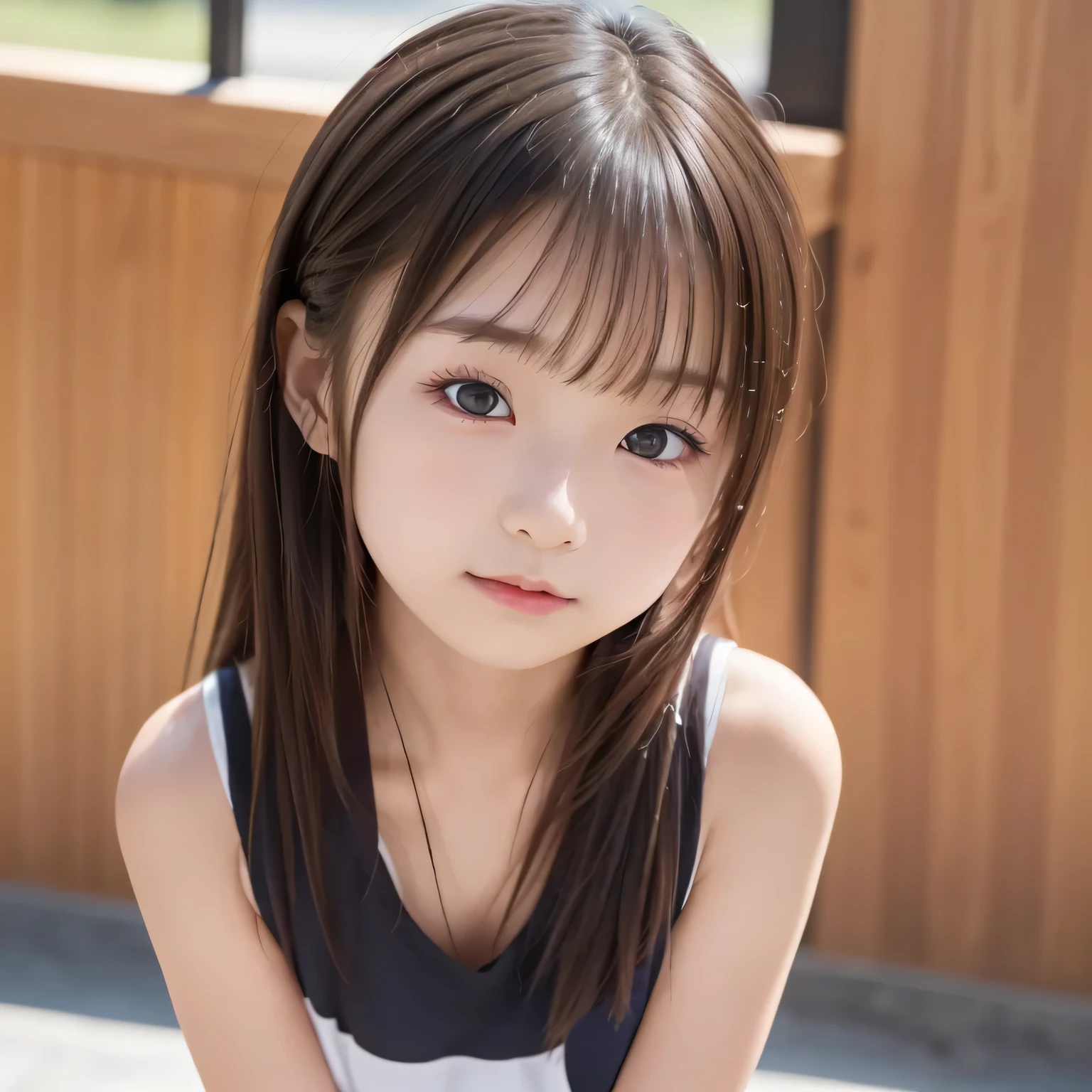 ((( skinny))),、((( )))、((( Smooth Hair)))、 girl 1people,((( standing straight ))),((( elementary school students))), Completely , complicated details, ((( upper body photo))),((( Upper Body Closeup )))、(((8age))),(((lob)))、 small smile ,((( is short))),(((立ちストレート)))