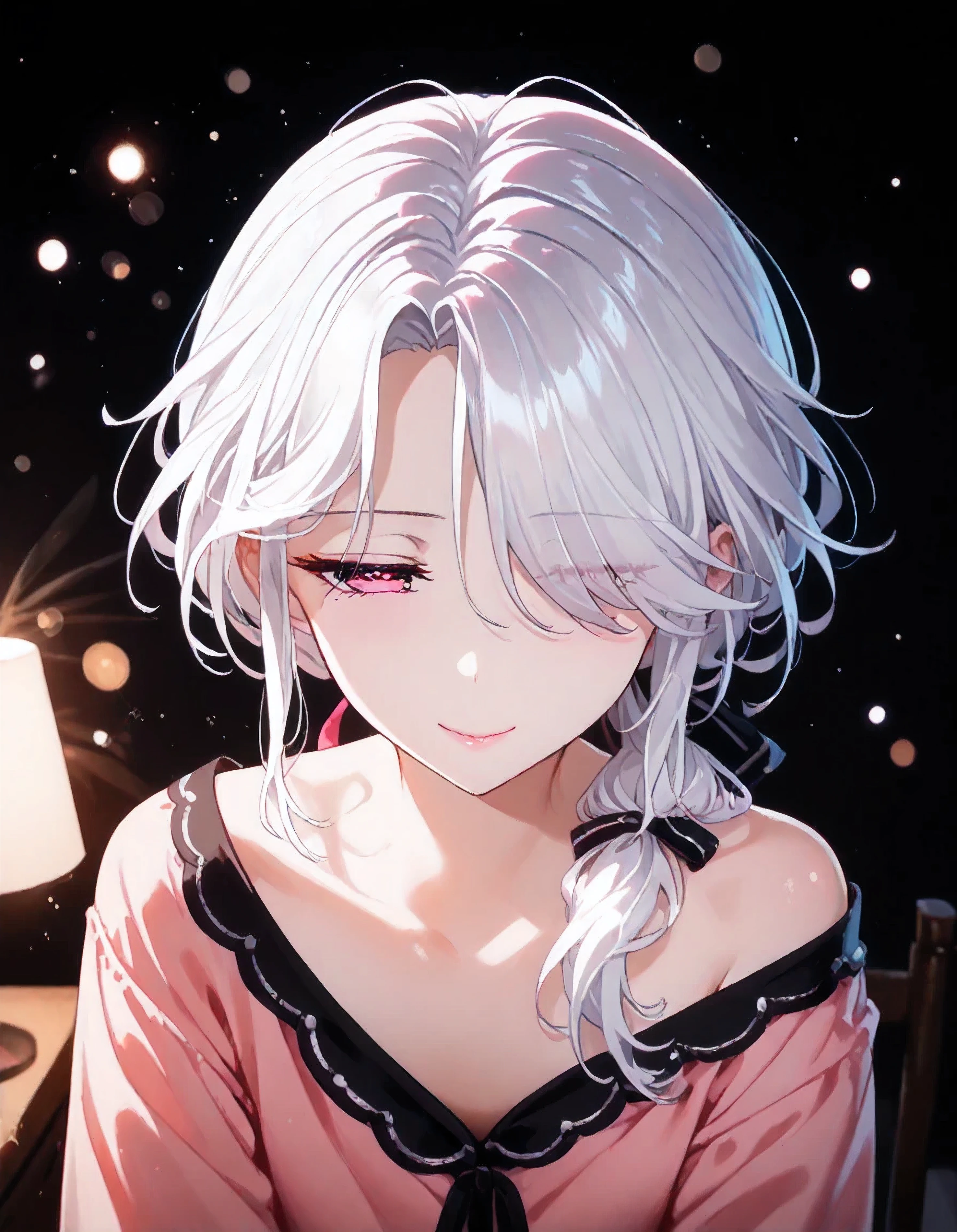 UN\(EOE\),one girl,solo,best quality, masterpiece, ,,break,1girl,(Big Dipper,standing,pink bokeh bakcground),break, incredibly_absurdres, ,very high resolution, very aesthetic,by famous artist, 8k, 16k,,beauty illustration,photoshop_(small),,(pink eyes:1.2,half-closed eyes),(white hair|Detailed hair|long hair|shiny hair|curtained hair|sidelocks|hair covered ears|hair over shoulder|tied hair),(off shoulders,black velvet,pajamas),POV,(sleepy, depressed,smile,jitome),dilated pupils, empty eyes,one mole under eye,tareme,hair strand, hair over one eye,evil smile, naughty face,pink lips,()