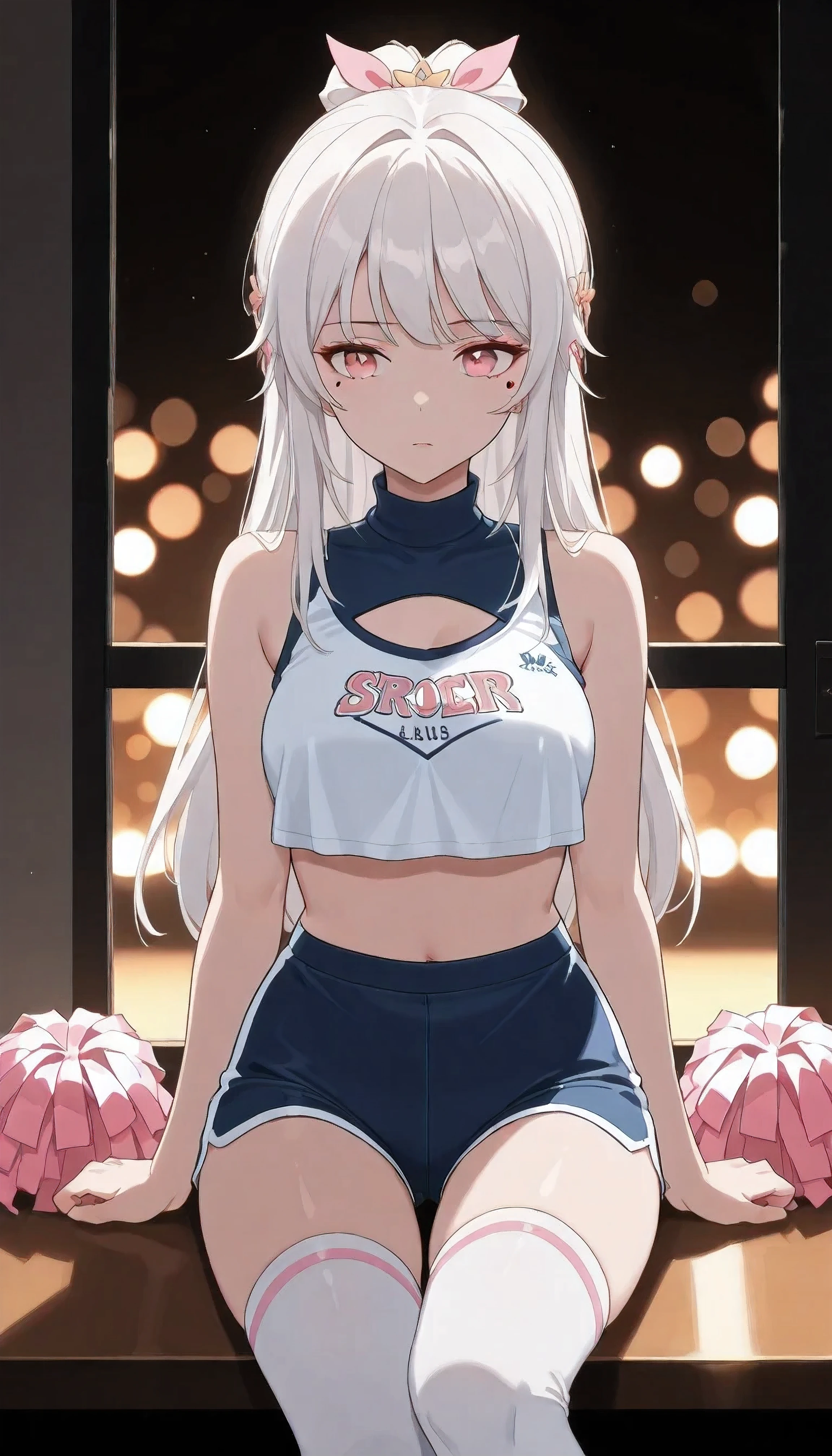 UN\(EOE\),one girl,solo,best quality, masterpiece,score_9, score_8_up, score_7_up,,break,1girl,(stitting,dark bokeh background,cowboy body shot,spring theme), (shaded Lighting),,break, incredibly_absurdres, ,very high resolution, very aesthetic,by famous artist, 8k, 16k,,beauty illustration,photoshop_(large),,(pink eyes:1.2,looking outside),(white hair|Detailed hair|long hair|updo),(black and pink cheerleading,Cutout Turtleneck,jumpsuitt,bare shoulders,sport shirt,thigh gap,white knee socks),(emotionless),,one mole under eye,intense angle, f/16, Canon,upper body,arms up,waving