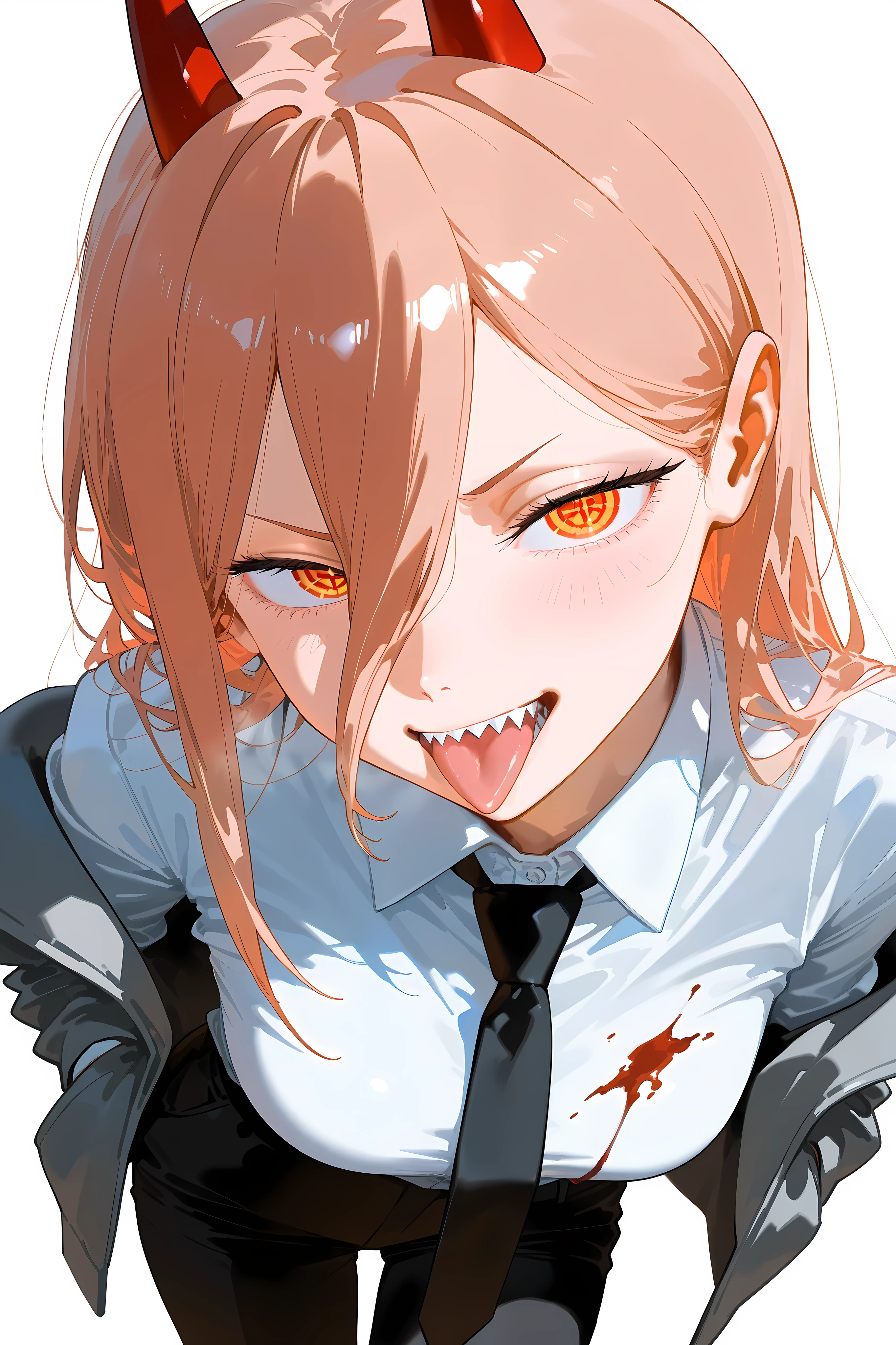 masterpiece, best quality, amazing quality, solo, 1girl, power \(chainsaw man\), long hair, long hair between eyes, red horns, sharp teeth, collared shirt, grey jacket, black necktie, black pants, tongue out, blood on clothes, simple background, absurdres, highres, hyper-detailed