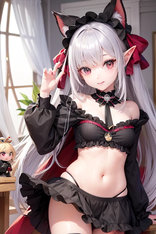 Elf, tan, white hair, red eyes, ponytail, short, black gown, happy, gem in forehead, cabin, medium chest, mature, 18+, pretty, make up