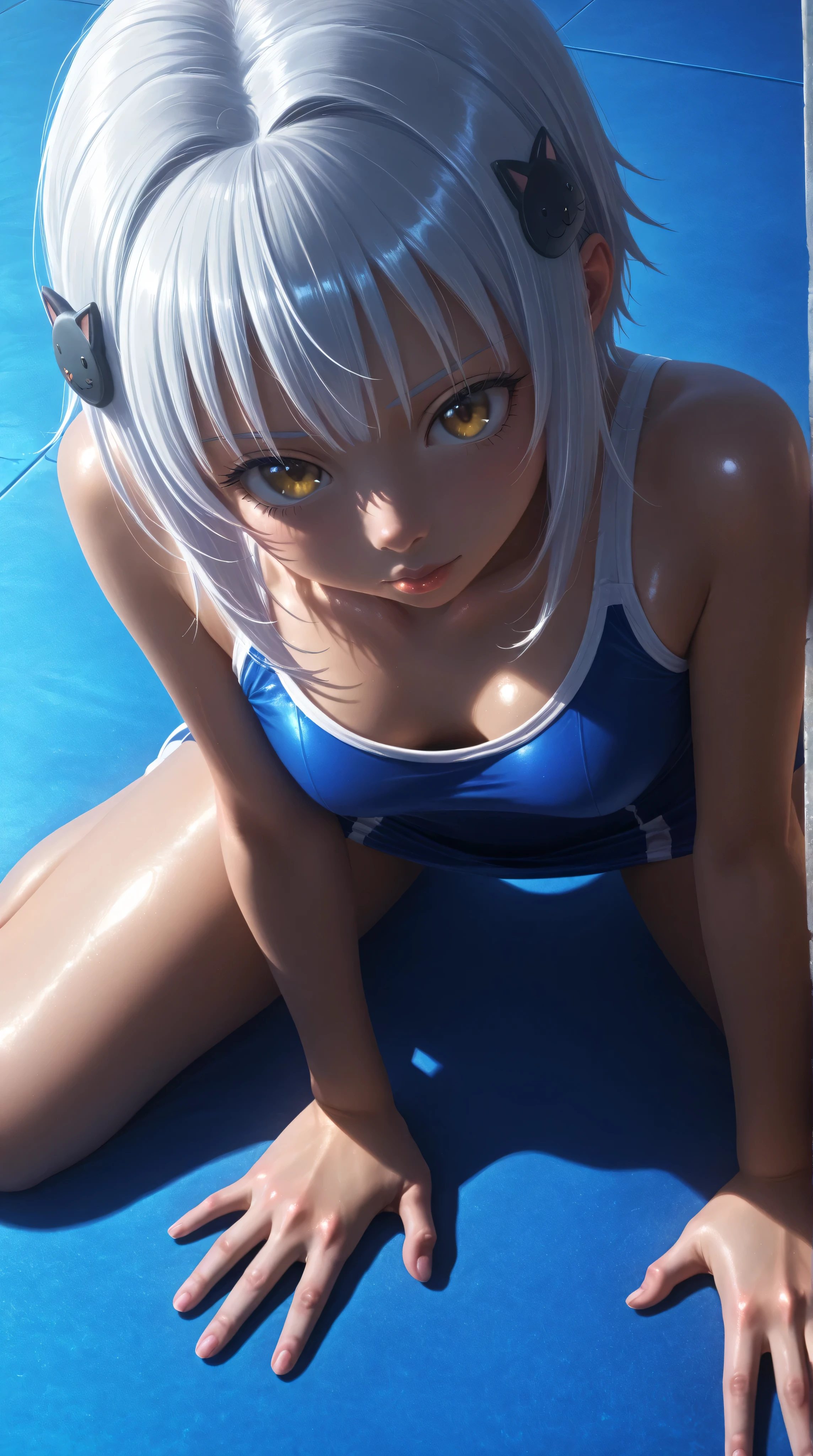 Kizi,koneko toujou, white hair, yellow eyes, Highly detailed, Amazing work,Vitreous luster,((clean backdrop)),In yellow,(((blue colors))),white color,yellow colour,Best quality at best,clean backdrop, small breasts, cleavage, shiny skin,