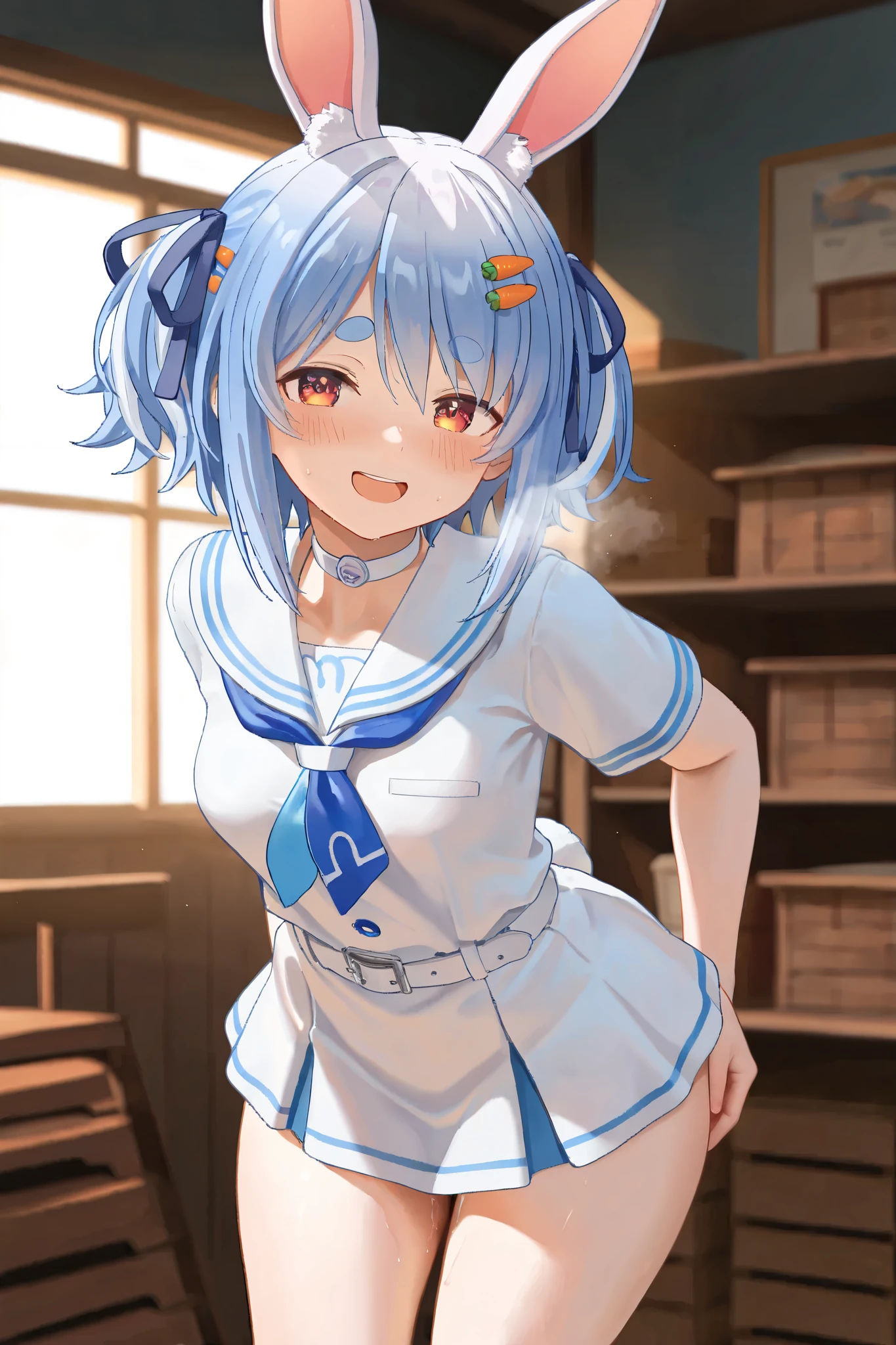 NSFW, Masterpiece, top quality, high resolution, very detailed,Usada Pekora\( Hololive\), short hair、 TWO SIDES UP、 hair clip、 white choker 、 sailor suits on my stomach、 short dress、Short sleeve、 blue neckerchief 、White belt, Sex Friend,School,storehouse, seduces, lustful face,blush, rough breath