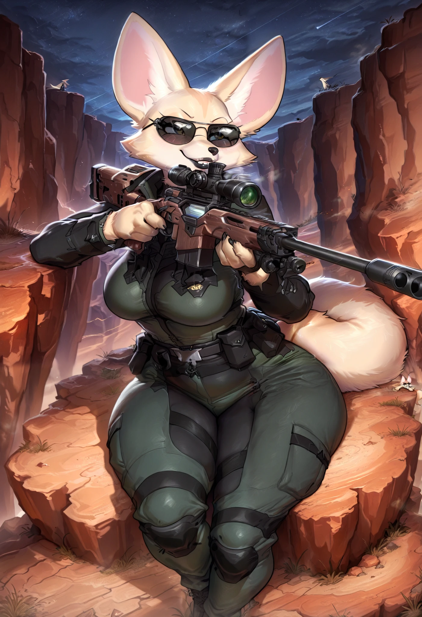 masterpiece, best quality, ultra-detailed, best illustration, solo, 1girl, close, canyon, night, sususuigi, furry, hunting furry, anthro, fennec fox, fenneko, fur, short, hide hips, big butt, slender body, black lips, aiming with a sniper, sitting on the edge of the canyon, displayed, sunglasses, seductive, sniper, rifle, sniper rifle, closed clothing, fully dressed, black marksman, sinper clothes