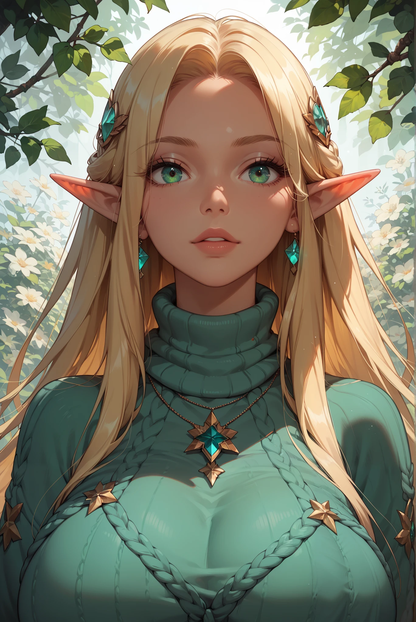 score_9, score_8_up, score_7_up, 1girl,solo, upper body,looking at viewer, white background, voluminous long blonde hair, elf, woman, gigantic breasts, sweater, mint green eyes, masterpiece, best quality, amazing quality, very aesthetic, high resolution, ultra-detailed, absurdres,