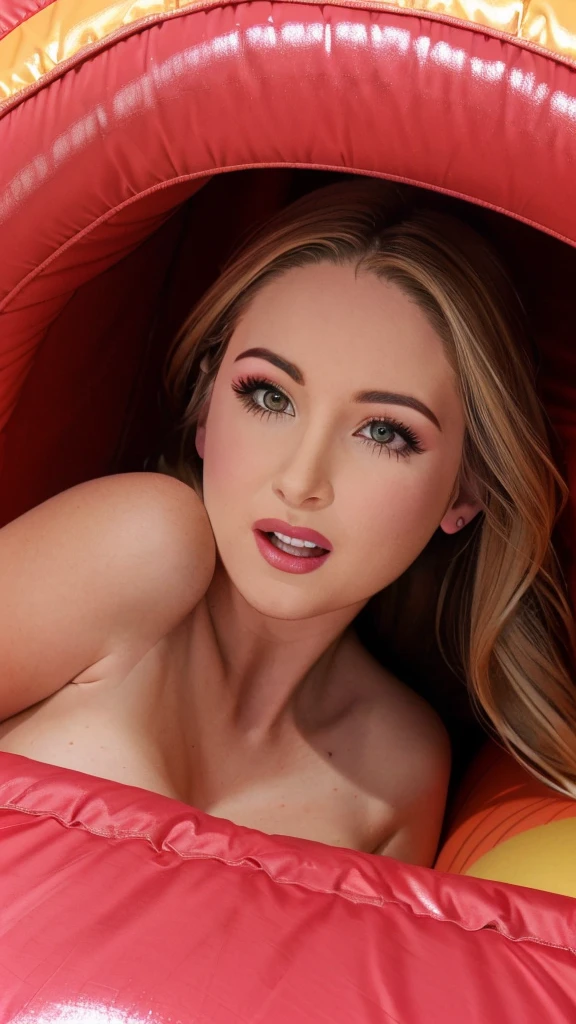 portrait photography, sabrina carpenter, red lipstick, smiling, proper eye position, natural skin, highly detail, hd, 8k, botox lips, age fifty, chest like dolly parton
