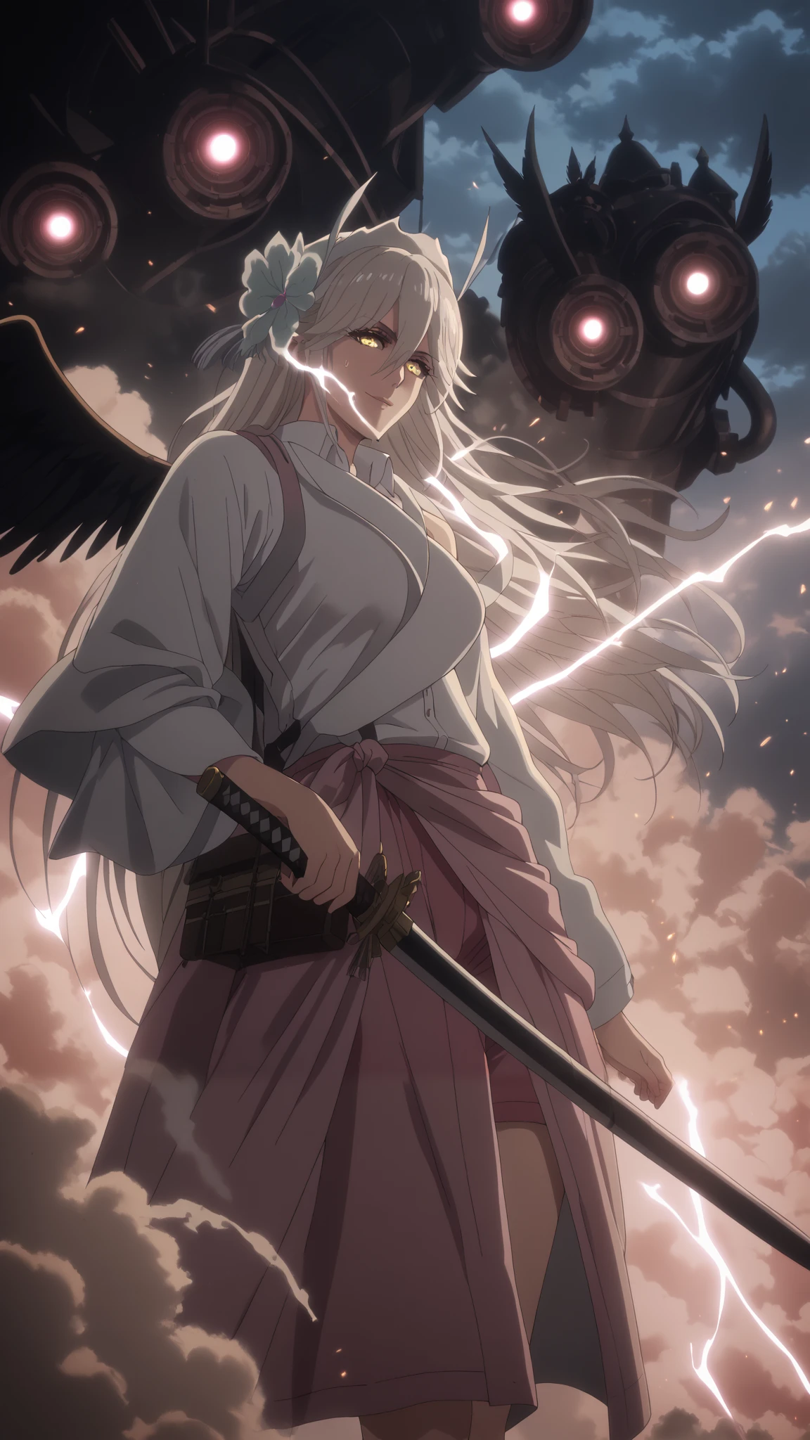 score_9, score_8_up, score_7_up, score_6_up, uncensored, vicius, long hair, bangs, hair ornament, hair between eyes, very long hair, yellow eyes, large breasts, anime coloring, anime screencap, BREAK UHD, retina, masterpiece, accurate, anatomically correct, textured skin, super detail, high details, high quality, award winning, best quality, highres, 4K, excessive sweating, sweating, sweating drop, (gasping, heavy breathing:1.3), perfect eyes, beautiful eyes, eyelashes, makeup, detailed body, perfect body, BREAK, 1girl, wings, solo, halo, cloud, ((black_wings)), glowing, cloudy_sky, sky, feathered_wings, glowing_eyes, feathers, angel, White shirt, sleeveless, dolphin shorts, short shorts, pink shorts, looking_at_viewer, smirk, steaming body, fallings feathers, electricity, fog, holding katana, katana, fire, ((monster)), cinema, cinematic light,