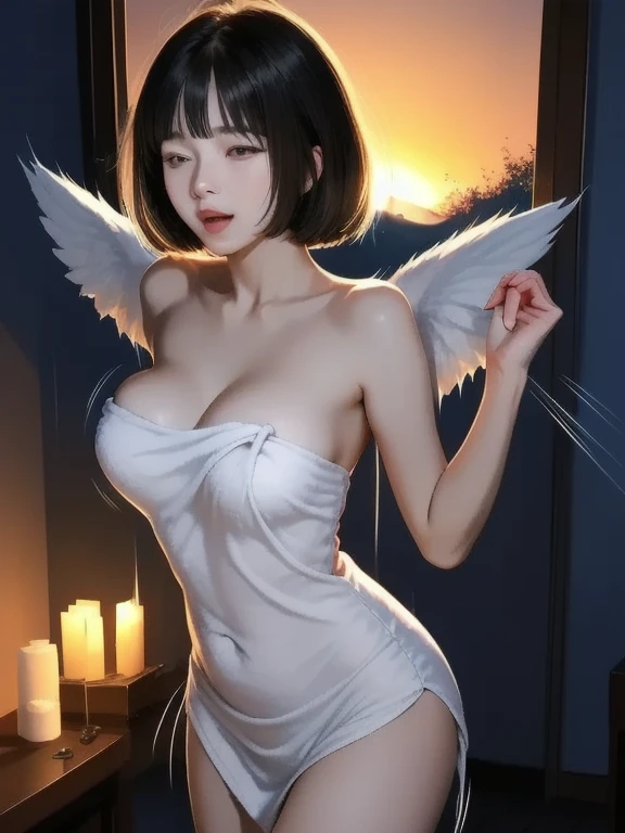 (masterpiece:1.2, Highest quality), (Realistic, photoRealistic:1.4), Ultimate beauty、mature、(Beautiful Features、Detailed lips, Beautiful eyes with attention to detail)、(Beautiful Teeth), blush, Captivating Gaze、masterpiece,(Highest quality,Hyper Detail)、 Natural Makeup,Looking at the camera、Looking up、alone,Cute woman in her 20edium breast、Short Bob Hair、(Bangs too)、((topless:1.6))、 (Maid clothes、Black Choker、Earrings), Side Lock, (Midnight background, full moon、Outdoor、Fantasy、Floral、petal)、(Semen is on it:1.5)、(Bust up shot)、(Shot from above)、(I'm worried、Open your mouth:1.2)、(Licking your fingers:1.2)