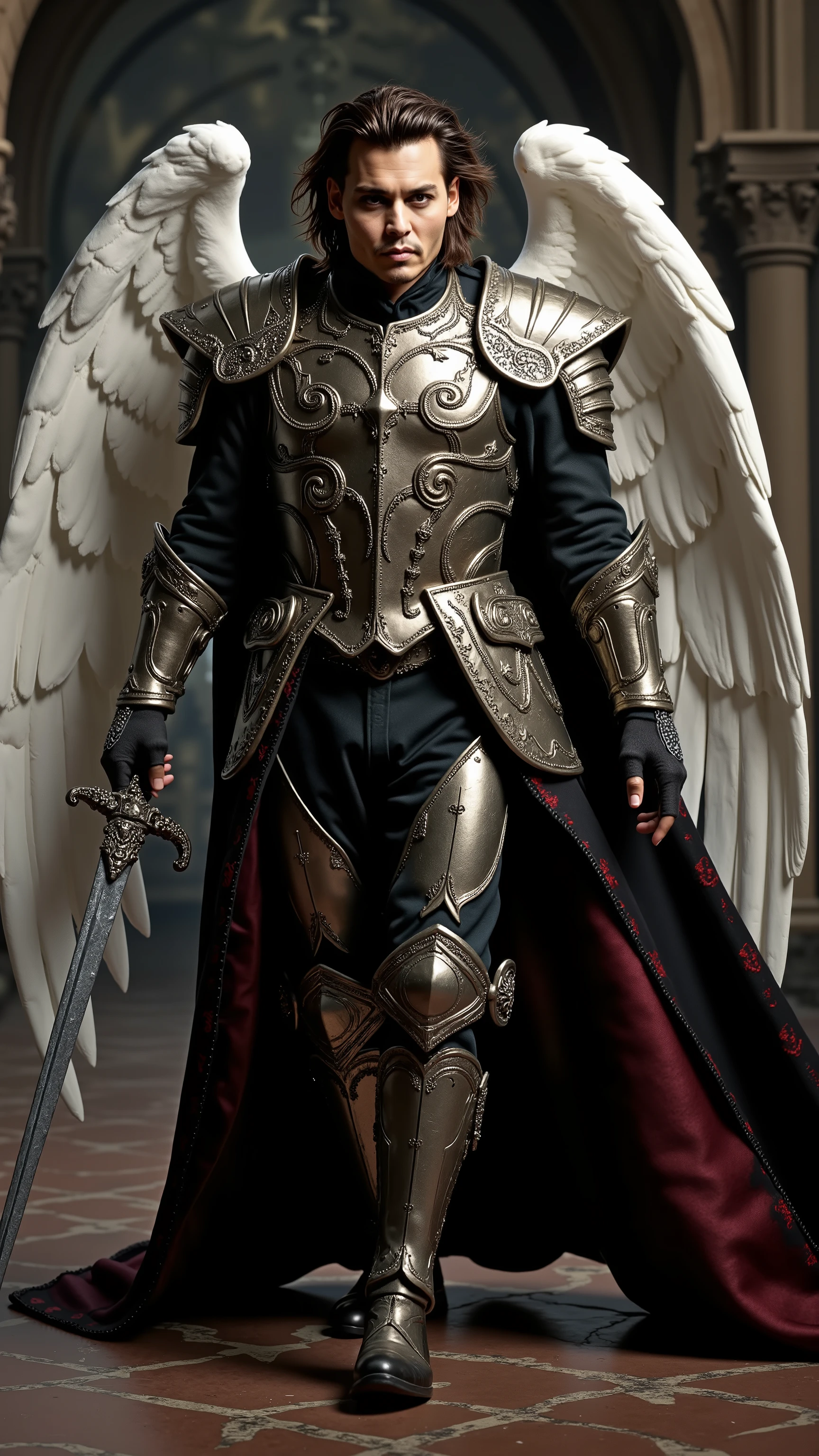 Johnny Depp reimagined as a majestic angel Samael with huge white angel wings with detailed feathers walking and holding sword、dramatic atmosphere, 1 male、
shoulder-length, tousled dark hair streaked with silver, piercing deep-set eyes filled with mystery, and a sly yet enigmatic expression. His sharp features and subtle smirk give him an air of both danger and allure, embodying the duality of destruction and transformation.
He wears an elaborate, gothic-style angelic armor of dark silver and deep crimson, adorned with intricate serpent-like engravings and arcane celestial runes. His sculpted breastplate features swirling patterns that seem to shift like living smoke, while his pauldrons extend into curved, claw-like edges. His gauntlets and greaves are finely detailed with sharp filigree, resembling entwined thorns. A long, flowing black cape with crimson embroidery billows behind him, fastened by a serpent-shaped brooch. a slender, wickedly curved sword with a blackened hilt wrapped in silver chains, its blade etched with ancient sigils.
, shows his male character's full figure, athletic body, perfect face, full body, extremely beautiful, god, male shape, perfect anatomy, The background is a blurred heaven architecture, with grand arches and towering spires, photorealistic, masterpiece, realistic, high contrast, 8k, HD, high definition detailed, detailed, hyper detailed, realistic skin texture, best quality, ultra high resolution, hyper realistic, no text, very detailed eyes, dramatic lighting