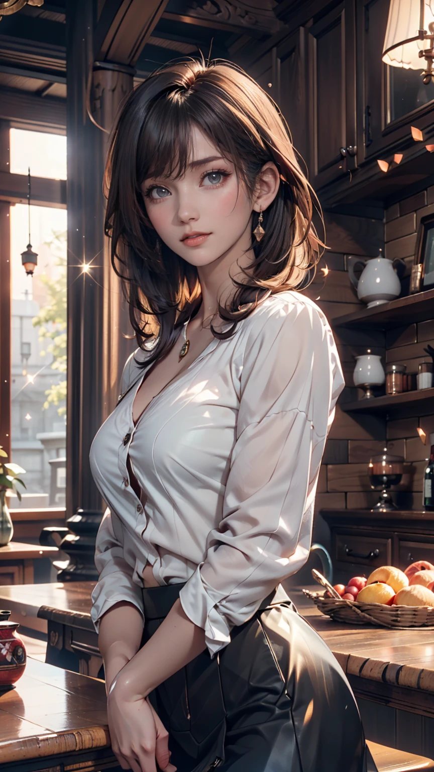 Beautiful Female Hair Portrait Photography by JoSkriver , Double Bang,  Serve food in the restaurant, Bright red lips, (masterpiece) (Highest quality) (detailed) (8K) (High resolution) (wallpaper) (Cinema Lighting) (Sharp focus) (Complex)