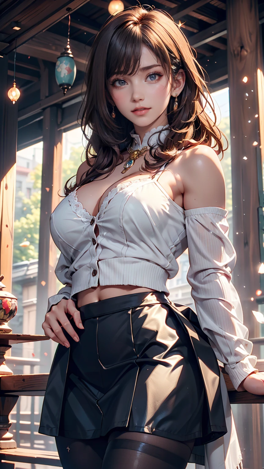 24-year-old female、Silver Hair、Twin tails、Sexy、Sexy proportions、High neck zipper up top with lace embellishment、Lower milk visible、Mini length pleated skirt、Choker with lace embellishment