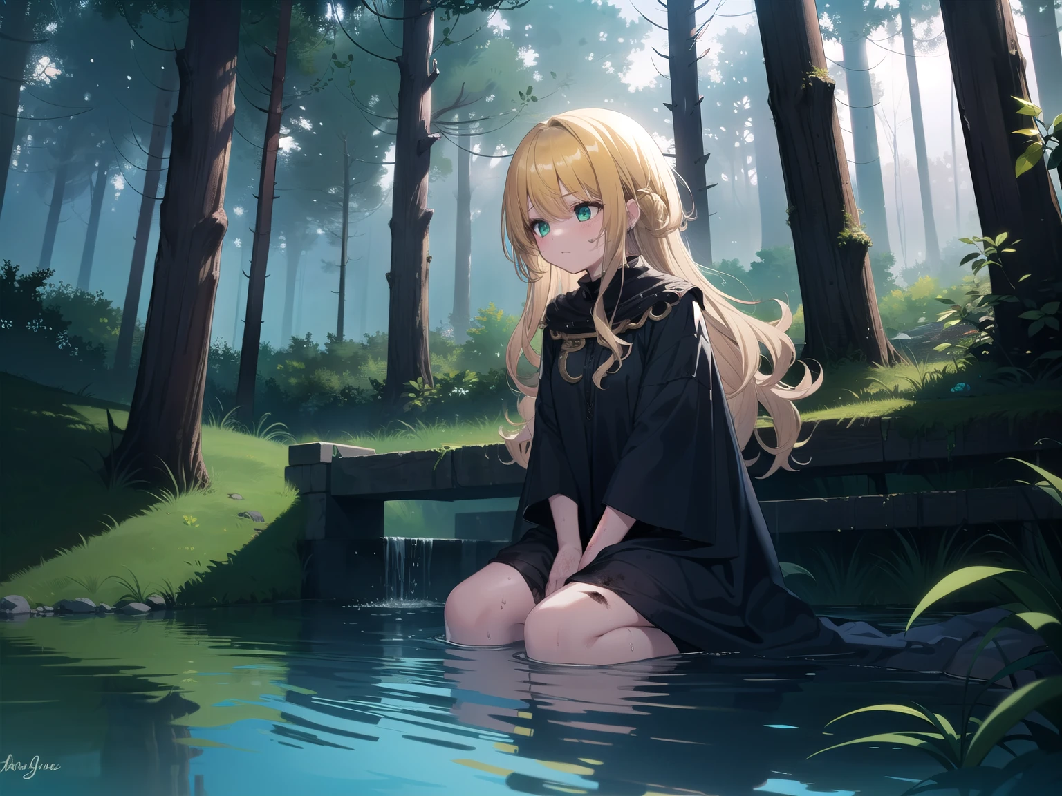 Scene: It's a dark night. One girl is sitting in a very dark forest kneeling by the magical lake. She's afraid of water. One of her curls fell into the water. She was dirty and bruised. Body: blonde very long hair, green eyes, dirty clothes, dirty hair. Clothes: Dirty rags. Style: Medieval fantasy
