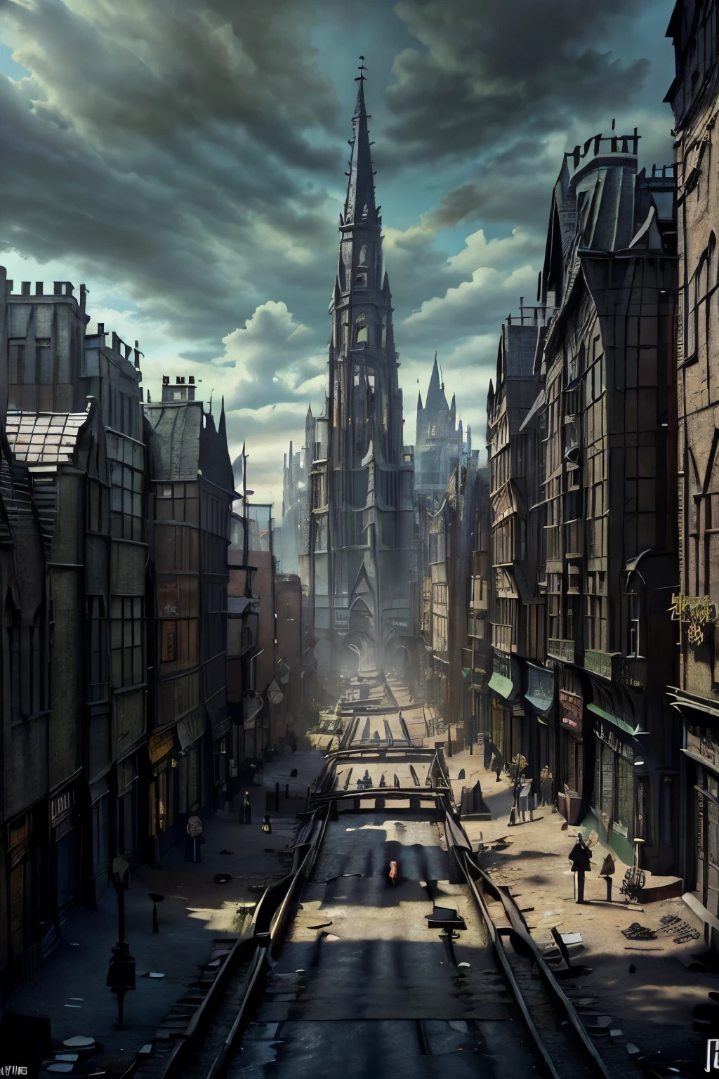 ((best quality)), ((masterpiece)), extremely detailed, delicate texture, aesthetic gothic collection, general term for (gothic architecture, art, fashion, literature, thought, style, and culture), gothichorrorai, ((Victorian era)), ((gothic architecture)), ((street level)), ((pedestrian perspective)), ((a street level view of a dense slum like residential district of a gothic city)), ((the dark underbelly of the city)), ((the city proper rises and looms over like a canopy)), ((a mixture of rickety wood building structures and an older more permanent stone city foundation)), ((wooden walkways criss-cross above)), (the buildings rise up out of view), (the street before us is extemely narrow with a trickle of water and sewage runnoff flowing down the centre of the street)