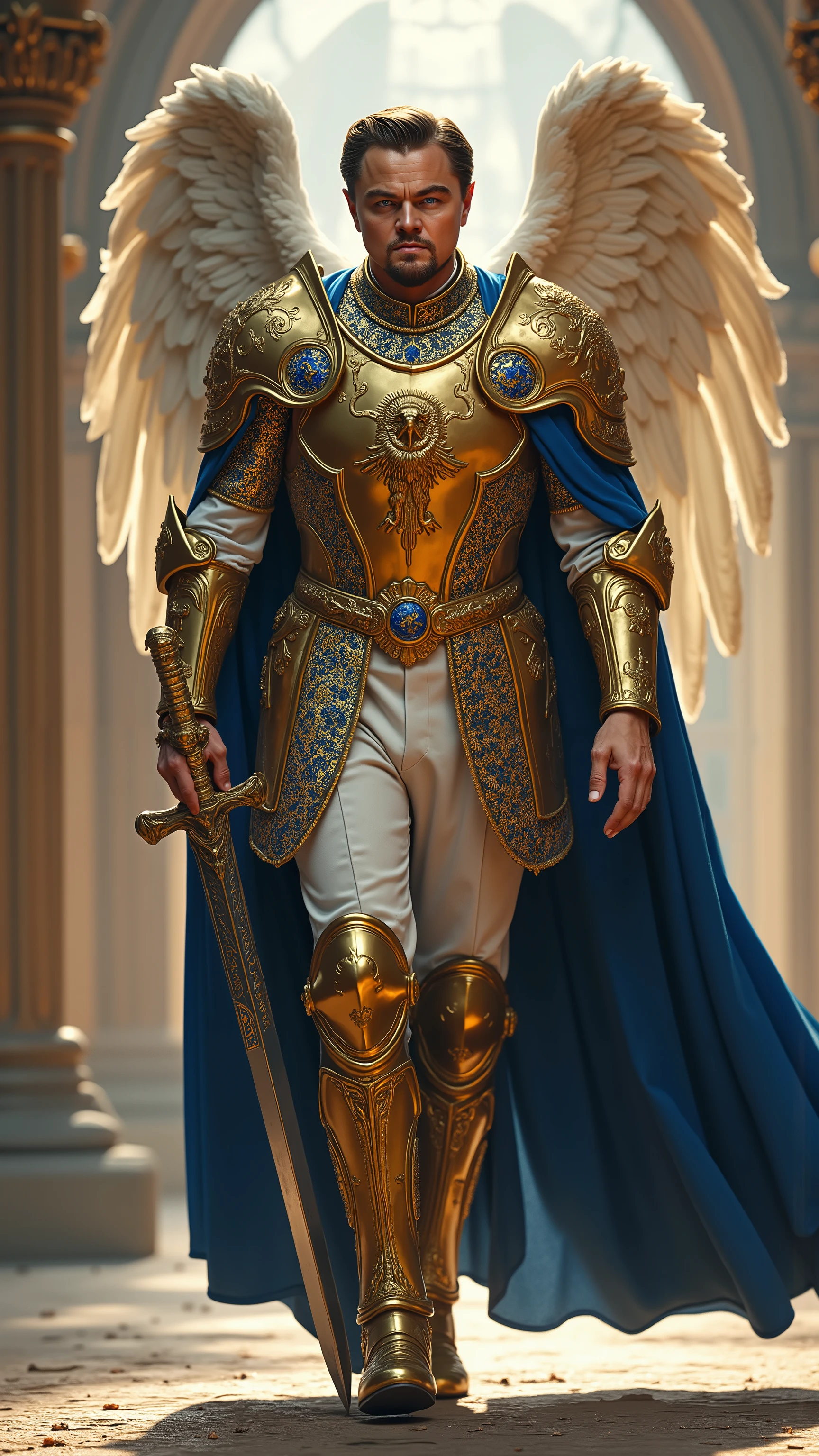 Leonardo DiCaprio reimagined as a majestic angel Michael with huge white angel wings with detailed feathers walking and holding longsword、dramatic atmosphere, 1 male、
short, golden-blond hair swept back, piercing blue eyes filled with unwavering determination, and a strong, noble expression. His face is calm yet resolute, embodying his role as the divine warrior and leader of celestial armies.
He wears majestic angelic battle armor of radiant gold and silver, adorned with intricate engravings of sacred symbols and celestial patterns. His sculpted breastplate features a grand eagle emblem at its center, representing strength and victory. His broad pauldrons extend slightly outward, resembling the wings of a mighty guardian, while his gauntlets and greaves are adorned with fine, royal filigree. A flowing royal-blue cape with gold embroidery cascades from his shoulders, secured by a lion-shaped brooch. In his grip, gleaming longsword with a sapphire-encrusted hilt, its blade etched with holy scripture.
, shows his male character's full figure, athletic body, perfect face, full body, extremely beautiful, god, male shape, perfect anatomy, The background is a blurred heaven architecture, with grand arches and towering spires, photorealistic, masterpiece, realistic, high contrast, 8k, HD, high definition detailed, detailed, hyper detailed, realistic skin texture, best quality, ultra high resolution, hyper realistic, no text, very detailed eyes, dramatic lighting