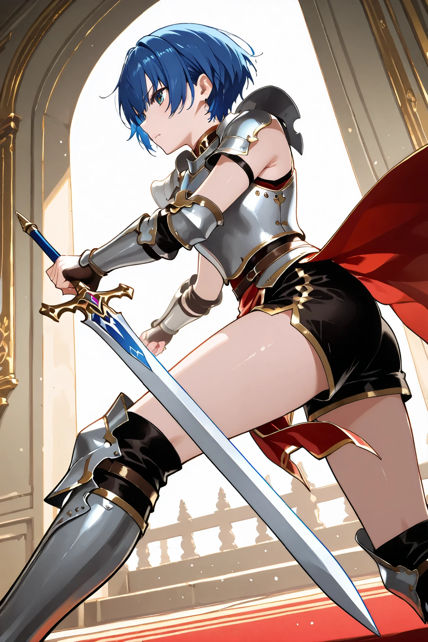 Combat Stance,Imperial Gard 、Female knight holding a thin sword、armor、 blue short hair、Red Pelvic Curtain、 black shorts、from side, sleeveless、 dynamic composition、from below,