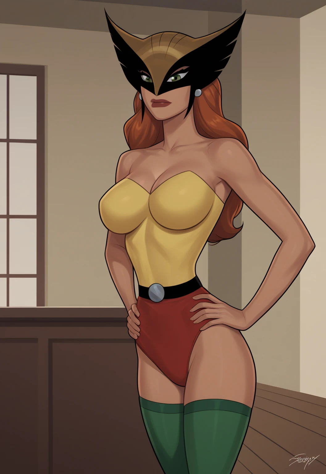 Birdgirl,solo ,short hair , orange hair, smirk, upper body, facing viewer, sitting, cleavage.
Bsuit, black mask, yellow cap, yellow pantyhose, black jacket, white shirt, red belt, grey skirt,
office, toon \(style\),
(insanely detailed, beautiful detailed face, masterpiece, best quality) cinematic lighting, <lora:Birdgirl:0.8>