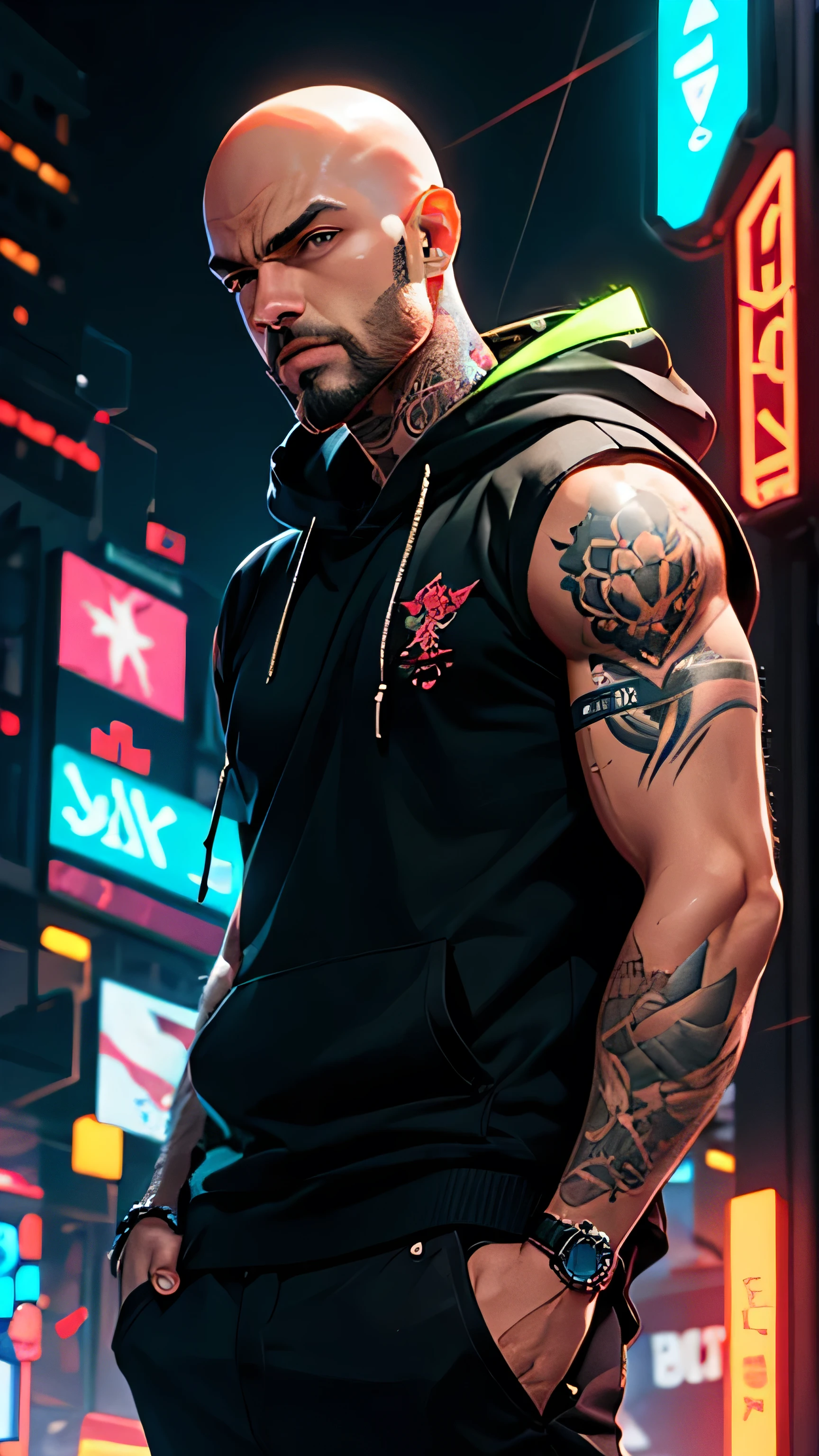 man, bald, hood,  full black beard , tattoos,  cyberpunk, neon ,  best quality,  High details, regatta, Neon Sword .