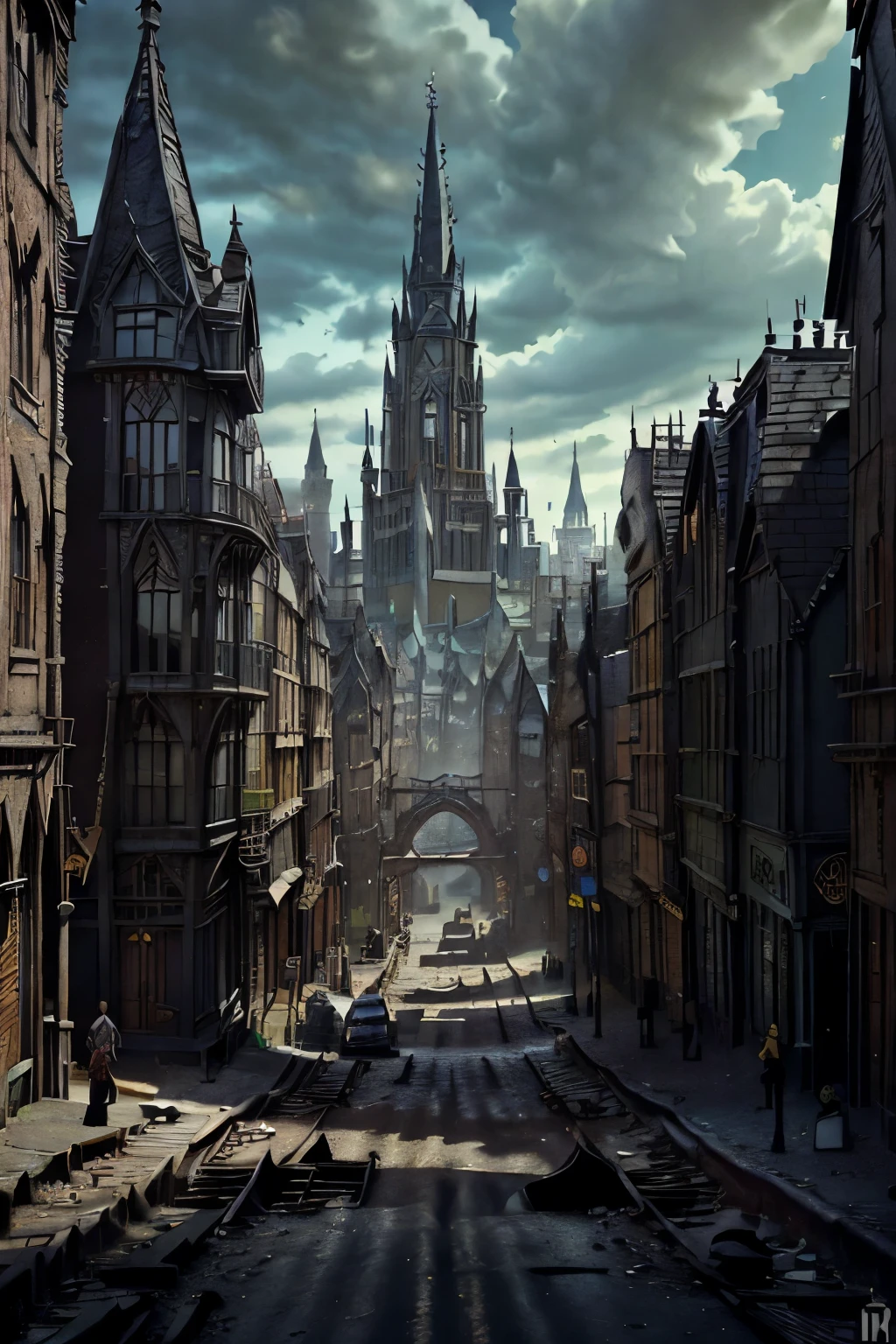 ((best quality)), ((masterpiece)), extremely detailed, delicate texture, aesthetic gothic collection, general term for (gothic architecture, art, fashion, literature, thought, style, and culture), gothichorrorai, ((Victorian era)), ((gothic architecture)), ((street level)), ((pedestrian perspective)), ((a street level view of a dense slum like residential district of a gothic city)), ((the dark underbelly of the city)), ((the city proper rises and looms over like a canopy)), ((a mixture of rickety wood building structures and an older more permanent stone city foundation)), ((wooden walkways criss-cross above)), (the buildings rise up out of view), (the street before us is extemely narrow with a trickle of water and sewage runnoff flowing down the centre of the street)