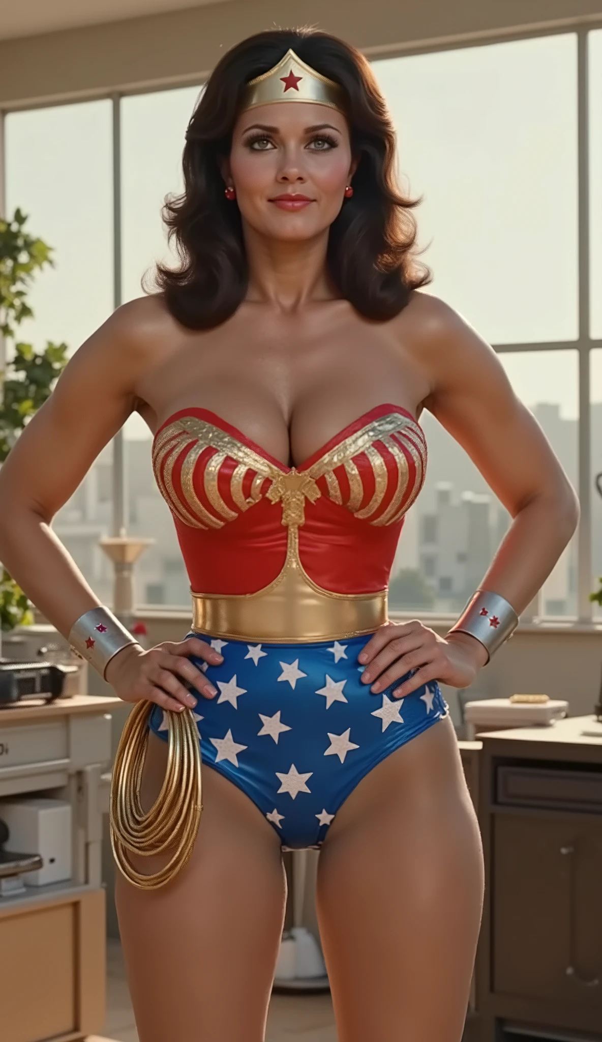 A SEXY LYNDA CARTER AS THE ICONIC 1960 WONDER WOMAN, WEARING A LATEX WONDER WOMAN COSTUME, LATEX PATRIOTIC BLUE SKIRT. A RED, WHITE AND BLUE PATRIOTIC CAPE. HER GOLDEN LASSO ATTACHED TO THE SIDE OF HER HIP. CRYSTAL CLEAR ART, CELAN CRISP ART, 4K, 8K, MILLIONS OF TEXTURES AND DETAILS. SAVING THE WORLD.