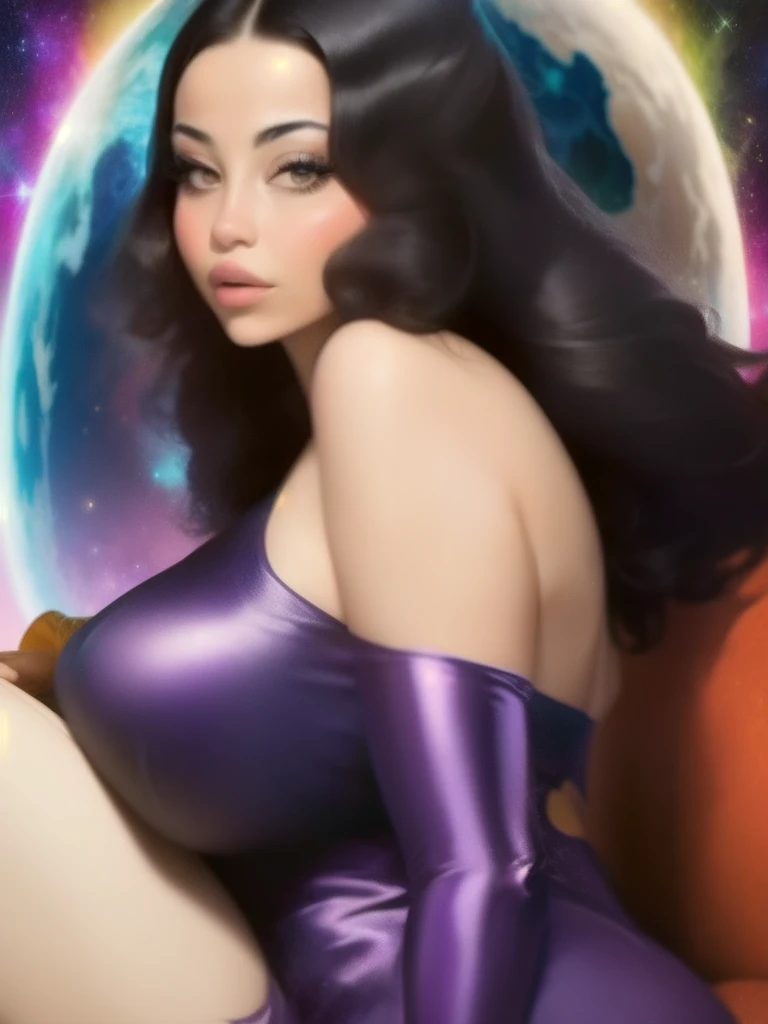 a chubby woman with braided black hair, stars and moon imagery, in black blue white and silver. It has the word "Fate" written at the bottom