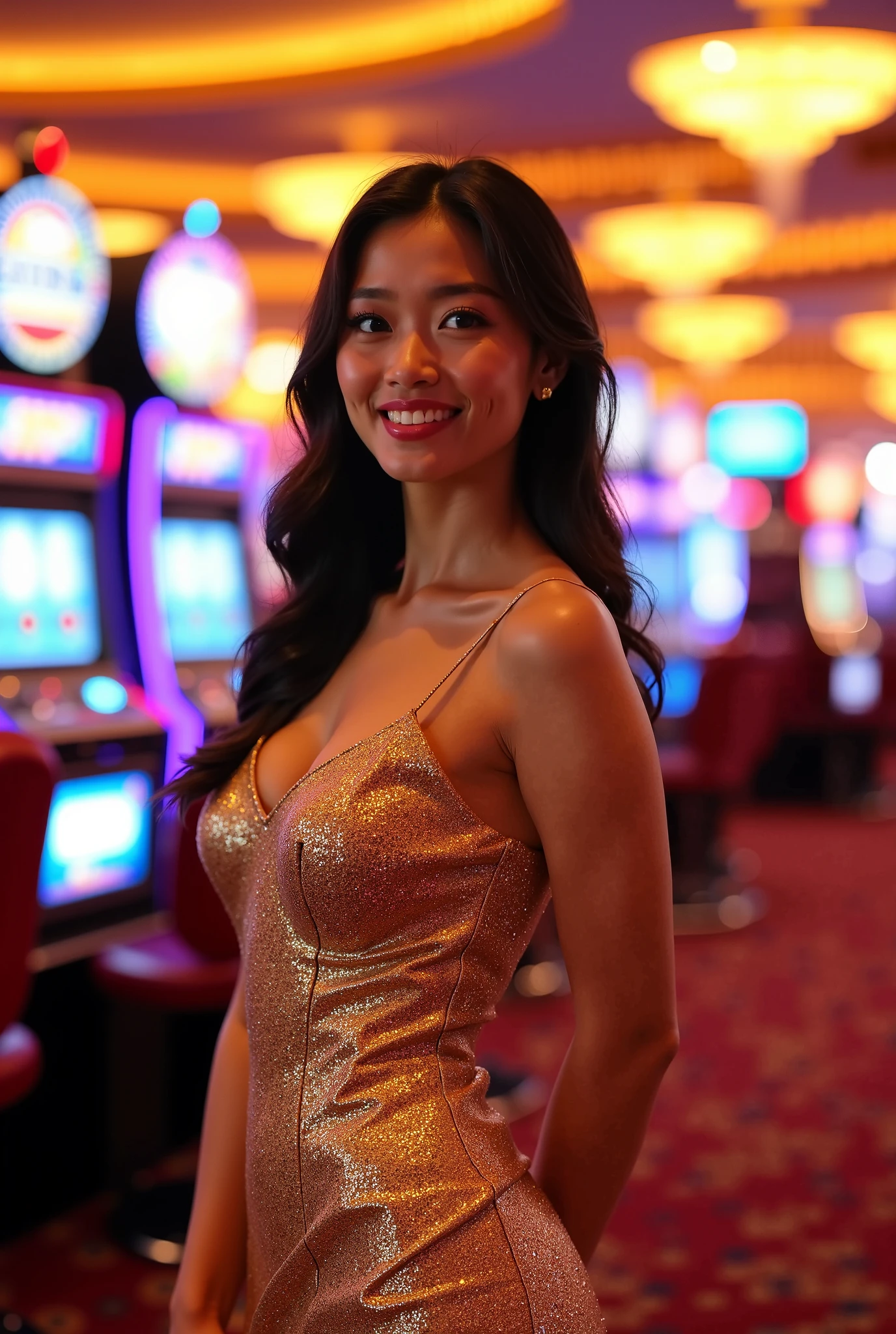 photorealistic, best quality, hyper detailed, cute Hawaiian girl, very short, skinny, long dark hair, curvy, lips open with a smile, head turned to the side, detailed face, detailed lips, best shadow, RAW, instagram LUT, at a casino, wearing a classy dress and skirt