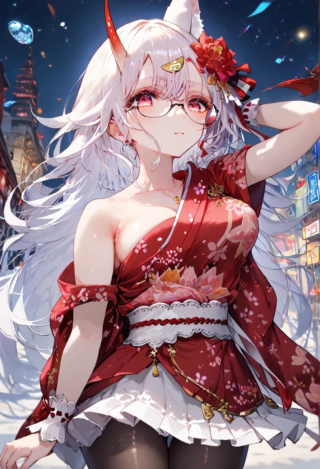 1girl, alone in the serene shrine setting, pink hair cascading down her shoulders, reminiscent of her youthful days as a little sister, now matured with a captivating smile gracing her face. Her long teal eyes reflected the tranquility of the sacred space. Medium breasts were the epitome of womanhood, accentuated by her elegant red shrine maiden outfit, adorned with intricate patterns, and the classic red miko outfit, symbolizing devotion and religious significance. Red magatama beads hung from her necklace, their distinct blue hue adding a splash of color to her attire. Red eyeglasses sat atop her nose