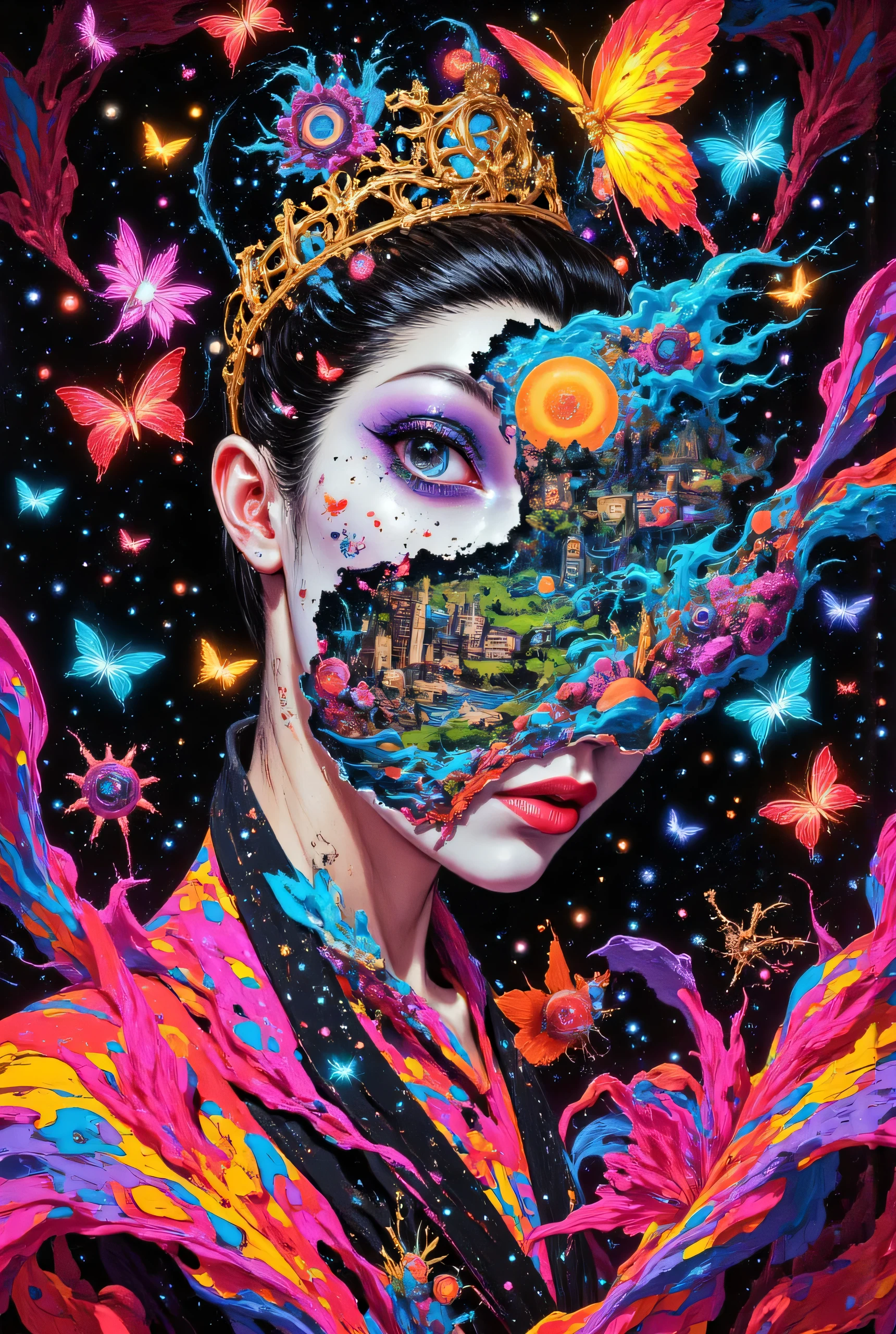 An abstract surrealist artwork that combines chaotic glitch effects with distorted imagery, featuring the dynamic pose of a dark geisha-themed girl. Part of his face is open, revealing a complex view of the kingdom's eerie nighttime landscape with real creatures. Her character features shiny porcelain white skin, hair pulled into a bun with a crown, and a kimona dress in shades of fuchsia, red, and black inspired by eastern light. Its split face brings Renaissance vibes, blending with eerie landscapes filled with surreal elements like recursive butterflies, cosmic galaxies, and apocalyptic backdrops. Optical illusions, object manipulation, and shiny steampunk gears enhance its uniqueness, while the presence of angels and demons creates a surreal abstraction full of color and charming details.