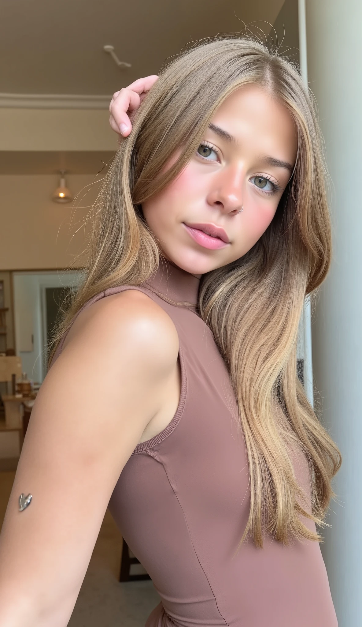 ultra high resolution. photorealistic: 0.1.4, UHD, pretty face, very hot, 19 years old, ((She has long blonde hair up to the middle of the waist and elegant falling over her shoulders and back long thin pink lock)), ((from the front)), masterpiece, best quality, intricate, blue eyes, (Selfie with one hand and other arm raised showing the armpit)