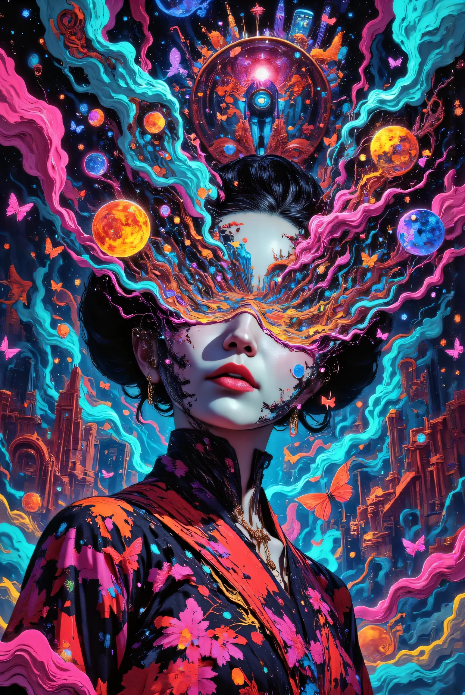 An abstract surrealist artwork that combines chaotic glitch effects with distorted imagery, featuring the dynamic pose of a dark geisha-themed girl. Part of his face is open, revealing a complex view of the kingdom's eerie nighttime landscape with real creatures. Her character features shiny porcelain white skin, hair pulled into a bun with a crown, and a kimona dress in shades of fuchsia, red, and black inspired by eastern light. Its split face brings Renaissance vibes, blending with eerie landscapes filled with surreal elements like recursive butterflies, cosmic galaxies, and apocalyptic backdrops. Optical illusions, object manipulation, and shiny steampunk gears enhance its uniqueness, while the presence of angels and demons creates a surreal abstraction full of color and charming details.