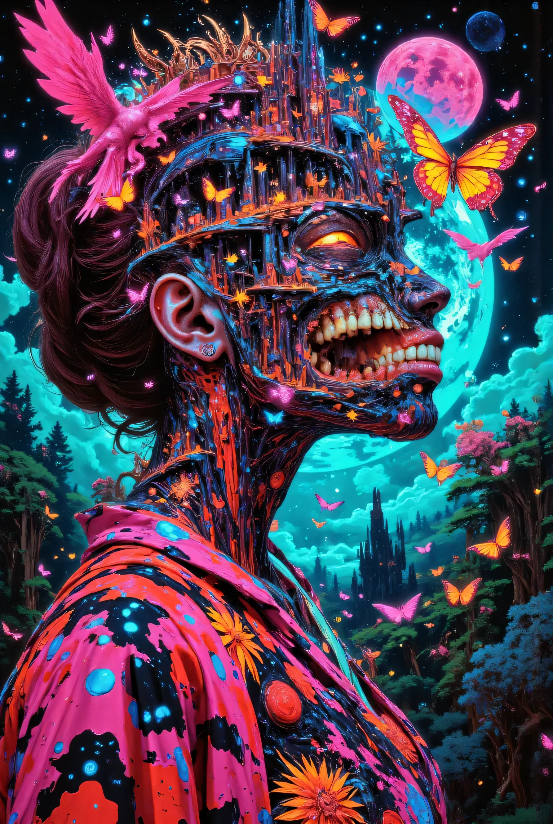 An abstract surrealist artwork that combines chaotic glitch effects with distorted imagery, featuring the dynamic pose of a dark geisha-themed girl. Part of his face is open, revealing a complex view of the kingdom's eerie nighttime landscape with real creatures. Her character features shiny porcelain white skin, hair pulled into a bun with a crown, and a kimona dress in shades of fuchsia, red, and black inspired by eastern light. Its split face brings Renaissance vibes, blending with eerie landscapes filled with surreal elements like recursive butterflies, cosmic galaxies, and apocalyptic backdrops. Optical illusions, object manipulation, and shiny steampunk gears enhance its uniqueness, while the presence of angels and demons creates a surreal abstraction full of color and charming details.