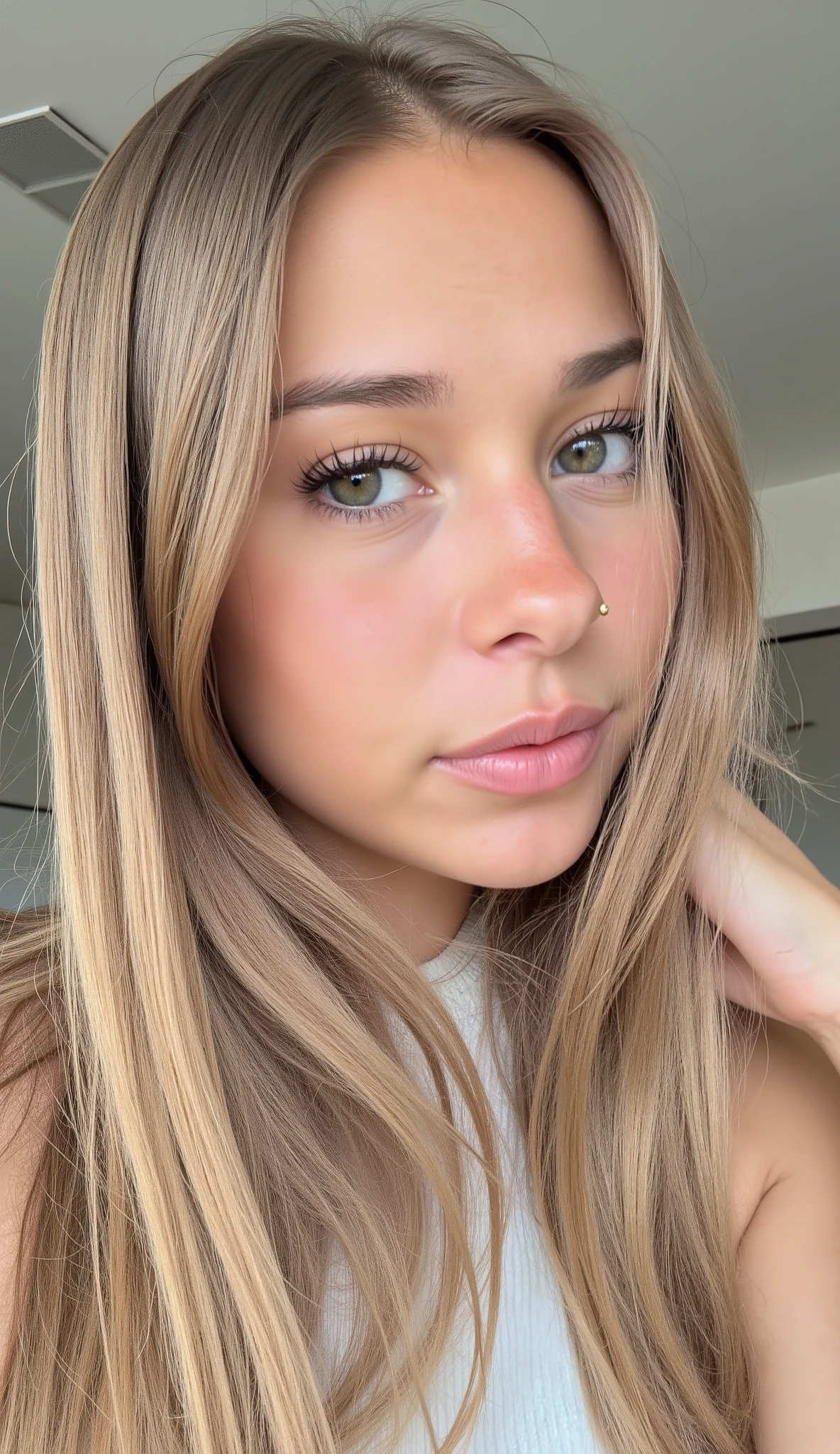 ultra high resolution. photorealistic: 0.1.4, UHD, pretty face, very hot, 19 years old, ((She has long blonde hair up to the middle of the waist and elegant falling over her shoulders and back long thin pink lock)), ((from the front)), masterpiece, best quality, intricate, blue eyes, ((Selfie with one hand and other arm raised showing the armpit))