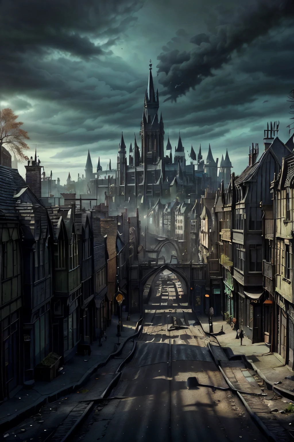 ((best quality)), ((masterpiece)), extremely detailed, delicate texture, aesthetic gothic collection, general term for (gothic architecture, art, fashion, literature, thought, style, and culture), gothichorrorai, (sinister), (dark), (gloomy), ((Victorian era)), ((gothic architecture)), ((street level)), ((pedestrian perspective)), ((a street level view of a dense slum like residential district of a gothic city)), ((the dark underbelly of the city)), ((the city proper rises and looms over like a canopy)), ((a mixture of rickety wood building structures and an older more permanent stone city foundation)), ((wooden walkways criss-cross above)), (the buildings rise up out of view), (the street before us is extemely narrow with a trickle of water and sewage runnoff flowing down the centre of the street)