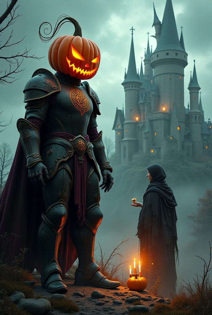 A large monster with a pumpkin head, on top of a throne, this monster is surrounded by fog on top of a castle, he has servants serving him, and these servants are little pumpkin monsters, this monster has an orange staff,
and has a beautiful redheaded woman on his lap