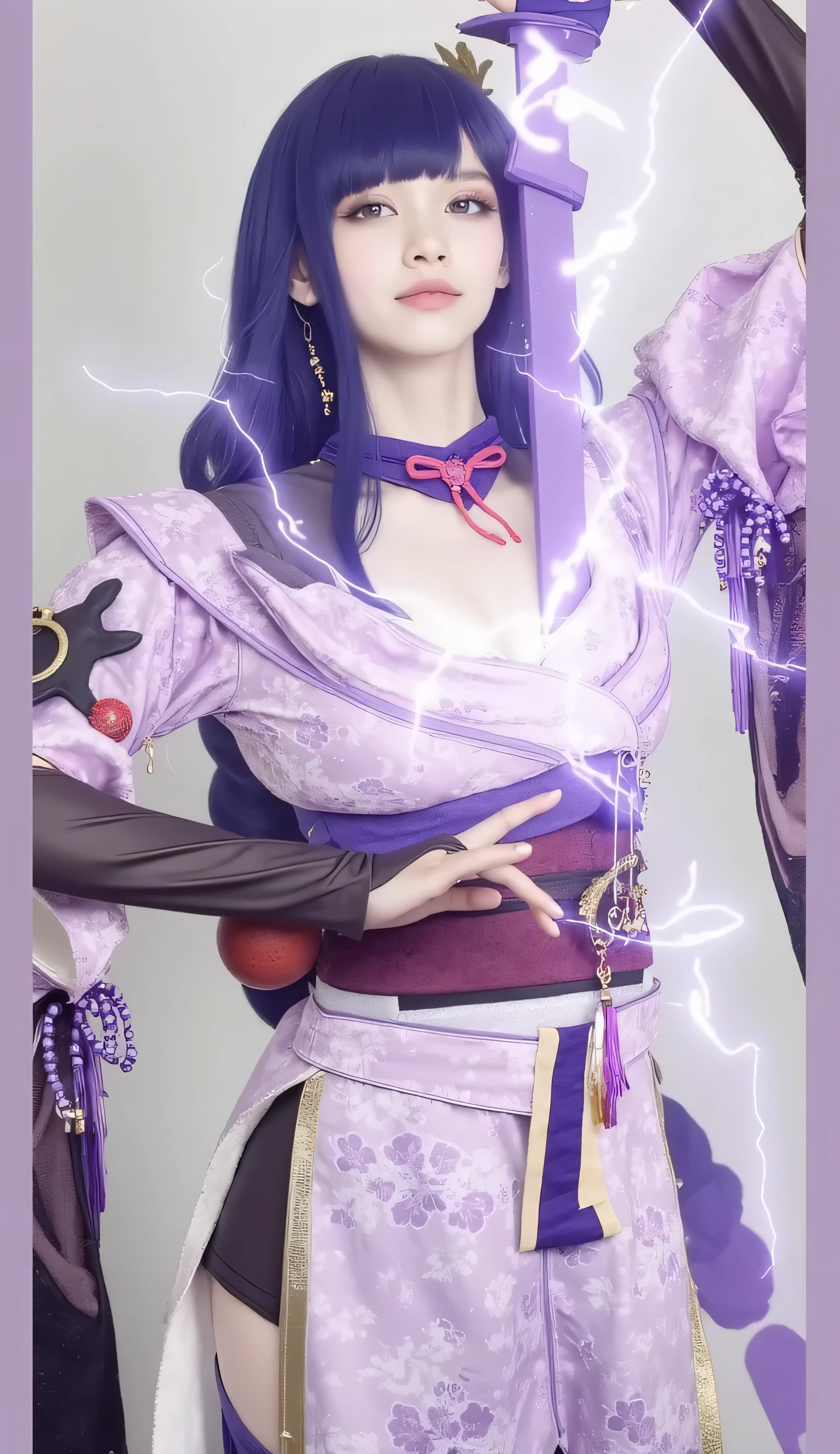 Unreal Engine 5 Realistic Render, RaidenShogun, detailed clothes, white clothes, blunt bangs, braid, (huge breasts:1.1), cleavage, wide-sleeved kimono, hair ornament, white japanese clothes, (red obi:1.4), (purple hair:1.4), very long hair, straight hair, detailed face, cool face, (smooth chin:0.85), closed mouth, long eyelashes, sharp eyes, looking at viewer, beautiful eyes, detailed eyes, thick eyebrows, red eyeshadow, symmetry eyes, (ulzzang-6500:0.7), skirt, (from below:1.1), (cyberpunk city:1.4), from side, (rooftop:1.5), (star \(sky\):1.3), photon mapping, physically-based rendering, RAW photo, highly detailed background, high res, perspective, beautiful face, top body is hyper realistic thicc muscle and hyper largest_breasts!! with the type of boobs_melons, lower is huge buttocks, wet shiny body
