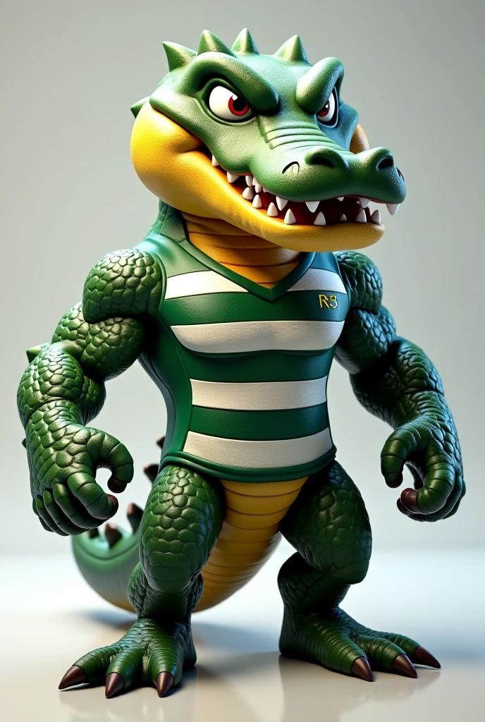 Hornless and wingless green dragon with muscular human body wearing black shirt and black soccer uniform