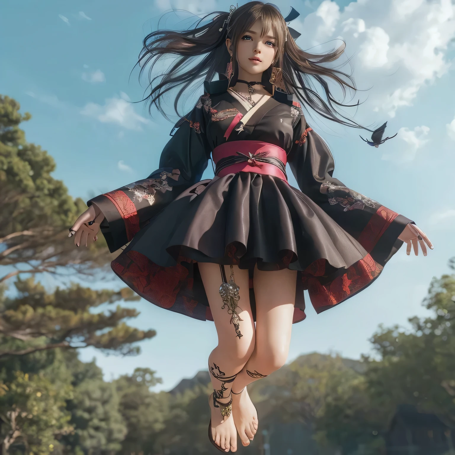 full body display、The combative shrine maiden、One woman、Easy-to-move shrine maiden costume、Wearing a short shrine maiden costume、Cute face、Long black hair、Live-action、、Ready、intimidating pose、The background is the roadside、