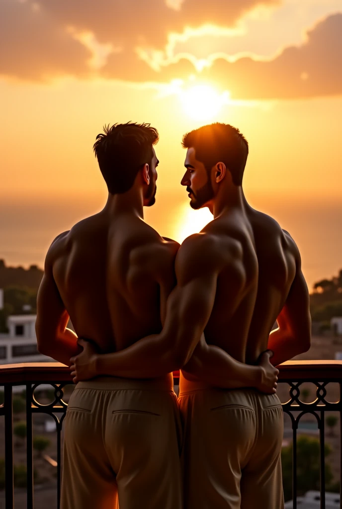 A handsome man is muscular, with light brown hair and green eyes, wearing no shirt, displaying a confident posture and a captivating smile.He is on a beach at dusk, with the sun setting on the horizon and a light breeze around.ye - yeah, he is accompanied by another man, who is also muscular and is wearing a light shirt. They are talking and having fun together.