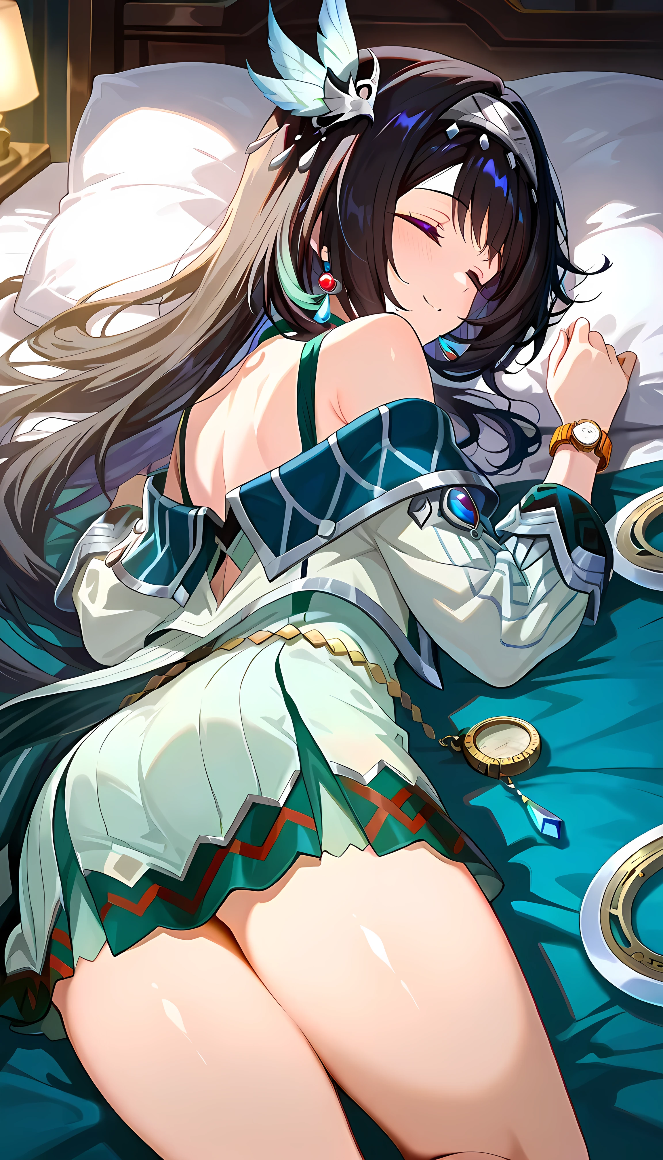  score_9,  score_8_ up the side,  score_7_ up the side BREAK ( top quality,8k, Masterpiece:1.3), , smile, 1 girl, YS_LY, ,  black hair,  long hair,Alone,smile, purple eyes ,  jewelry, shoulder out, watches viewers,  feather hair ornament,  off shoulder , bracelet, earrings, Hair Band ,white dress, off shoulderのドレス,  Long Sleeve  , Chakram on both hands , , Shiny Eyes ,  beautiful eyes,  enchantment,  erotic,  shiny skin thighs,  sexy, ,  detailed beautiful face and eyes ,  dynamic lighting ,  night ,  bed,   watches viewers, from behind, sleeping, embarrassed, 
