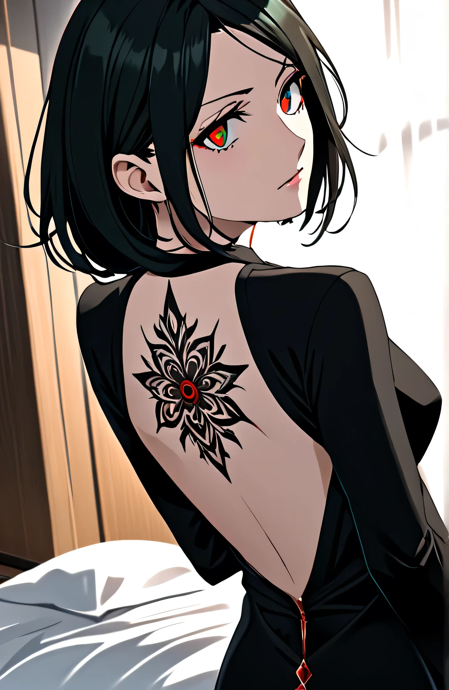 1female, ((high quality)), ((high resolution)), ((detail)), ((hd, 4k, beautiful color bias, detailed eyes, detailed pupils)), long black hair, jade green eyes, black red dress, back facing, undressed, back visible, clock tattoo on back, indoors, dimmed lighting, beautiful woman, mature woman, flat expression, cold face, windowless room.