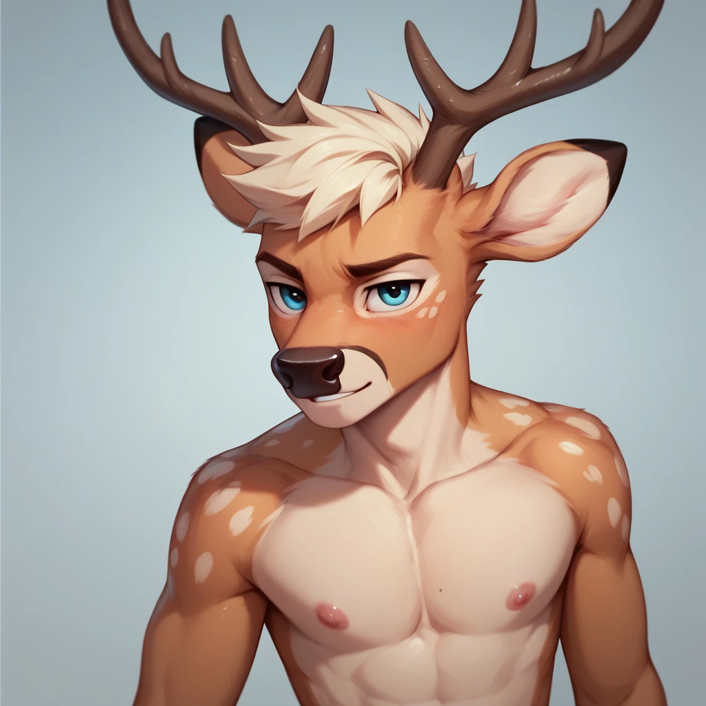 Solo, male, Light brown deer, in one color tone, horns, deer horns, shirtless, ((focus face, furry focus)) without shirt, thin, slim body (((gray background, gray wallpaper, one color))), by darkgem, by mystikfox61, by glitter trap boy