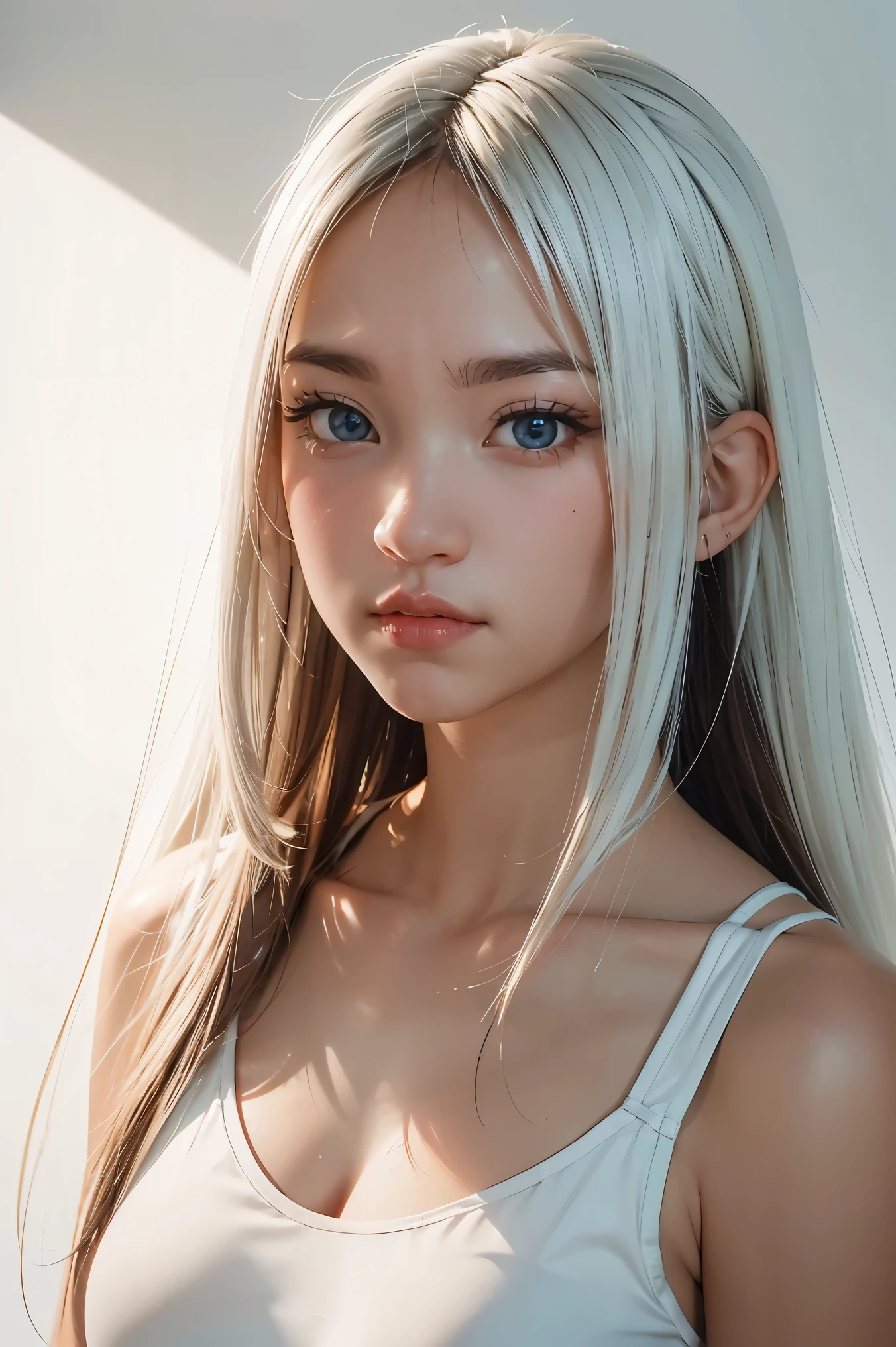 1girl, long hair, White top, (white background:1.2), from front, standing, (soft lighting:1.2), shot on Canon EOS 5D, BREAK
(upper body:1.2), , best quality, ultra high res, (photorealistic:1.4), masterpiece, real-life skin, hyper real, perspective, detailed beautiful eyes and detailed face,
