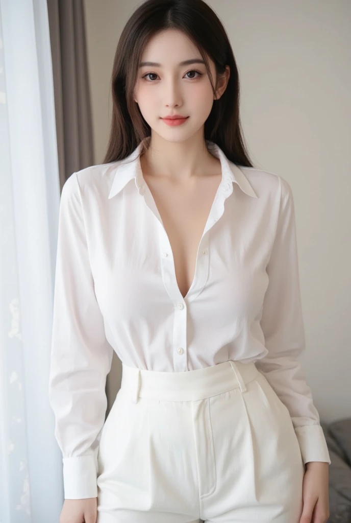 extremely detailed CG unity 8k wallpaper, best quality, ultra-detailed, masterpiece, realistic, photo realistic, extremely detailed cute girl, 30years old, (secretary), large breasts, blush, parted lips, business white shirt , couch , sitting ,panties under pantyhose ,half body shot , wavy hair