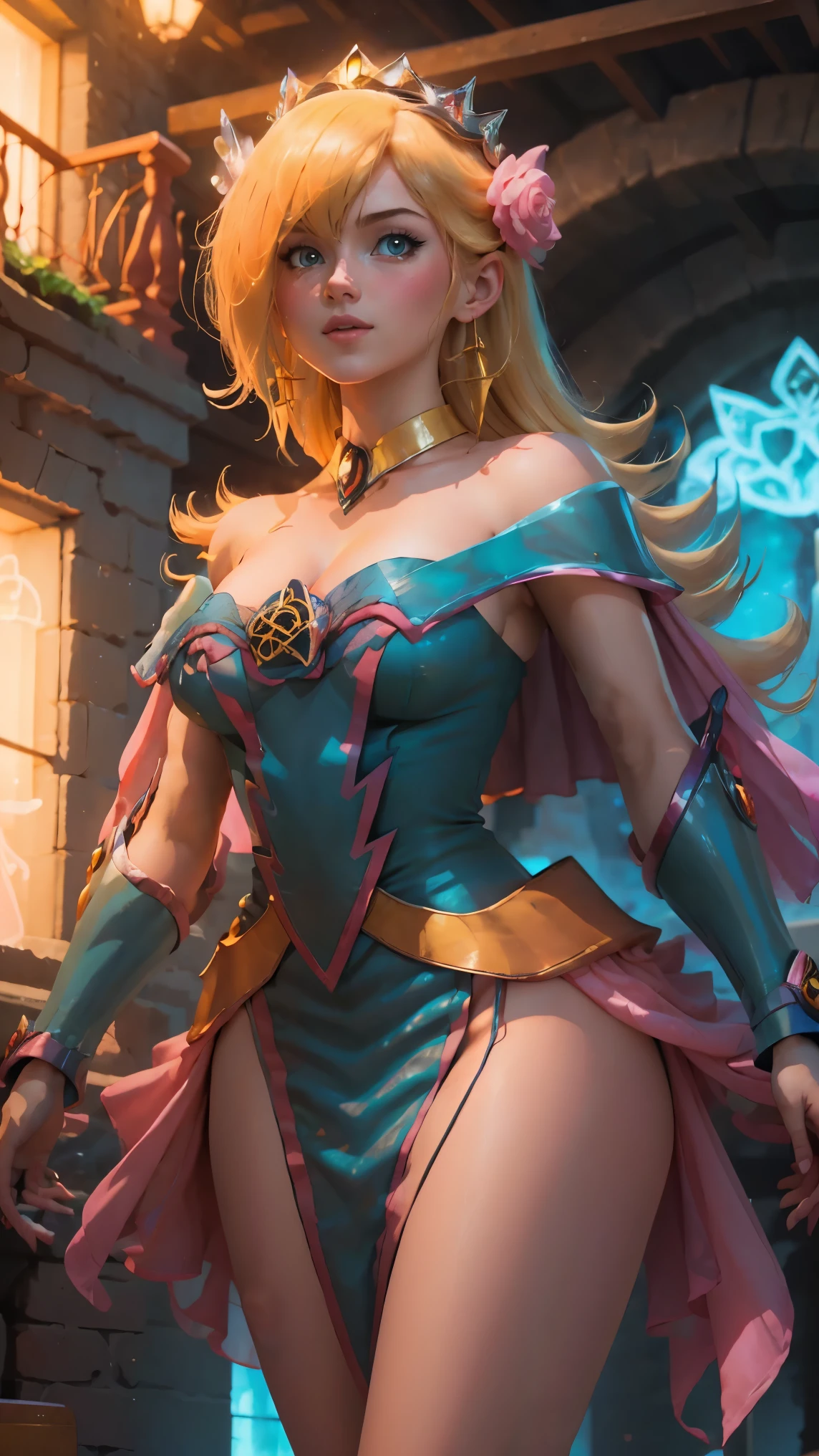 (Obra maestra:1.2), (La mejor calidad:1.2), Perfect lighting, Chica Maga Oscura lanzando un hechizo, In his twenties, flotando en el aire, tetas grandes, escote, blue robe, sombrero grande, desde arriba, Destellos, Yugioh Card en el fondo