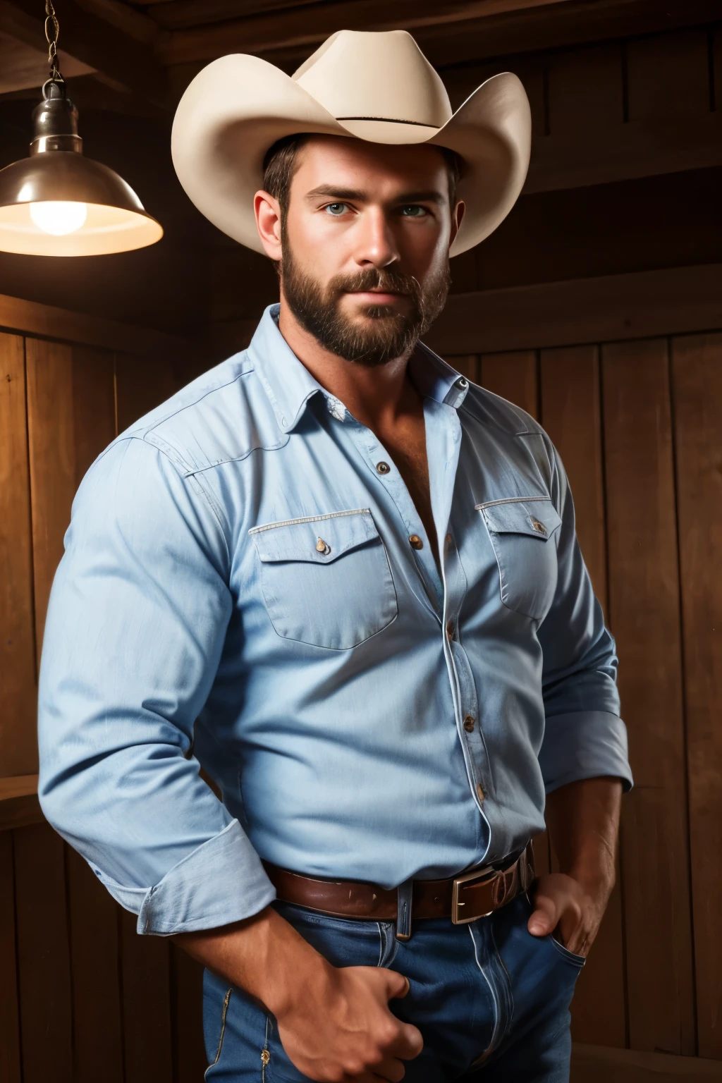 sexy male with brown short hair, 30 years, cowboy, peão, farmer, camisa xadrez, looking at the viewer, full body, beautiful face, attractive face, model face, male face, detailed eyes, light eyes, muscle body, beard, extremely detailed face, hyper detailed, realistic, photorealistic, 8k, high quality, studio lighting, detailed male body
