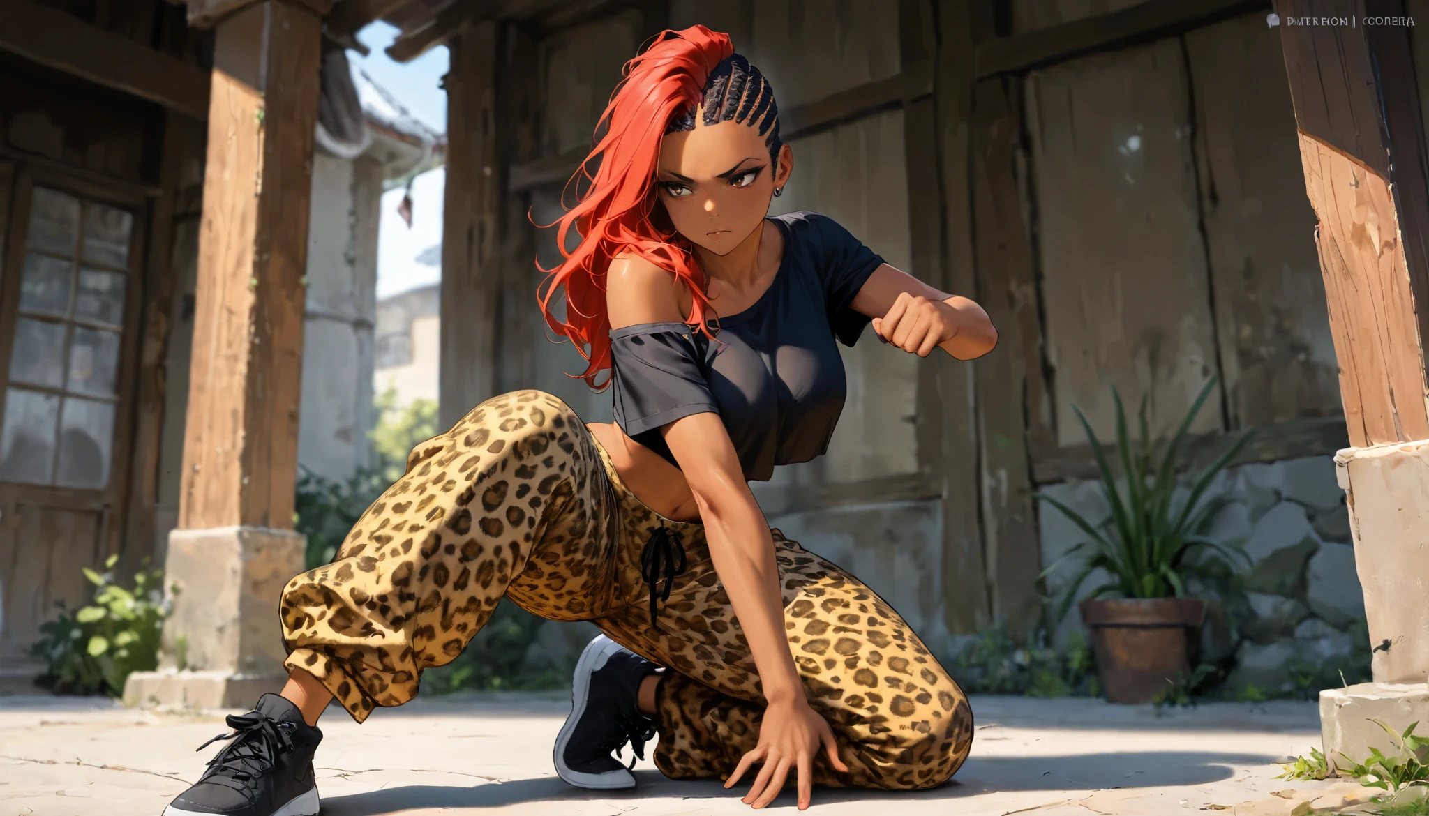 dark skin, red hair, long hair, cornrows, crop top, black shirt, shoulder, figthing stance, leopard print pants, capoeira, masterpiece, best quality, amazing quality, detailed background, intricate details