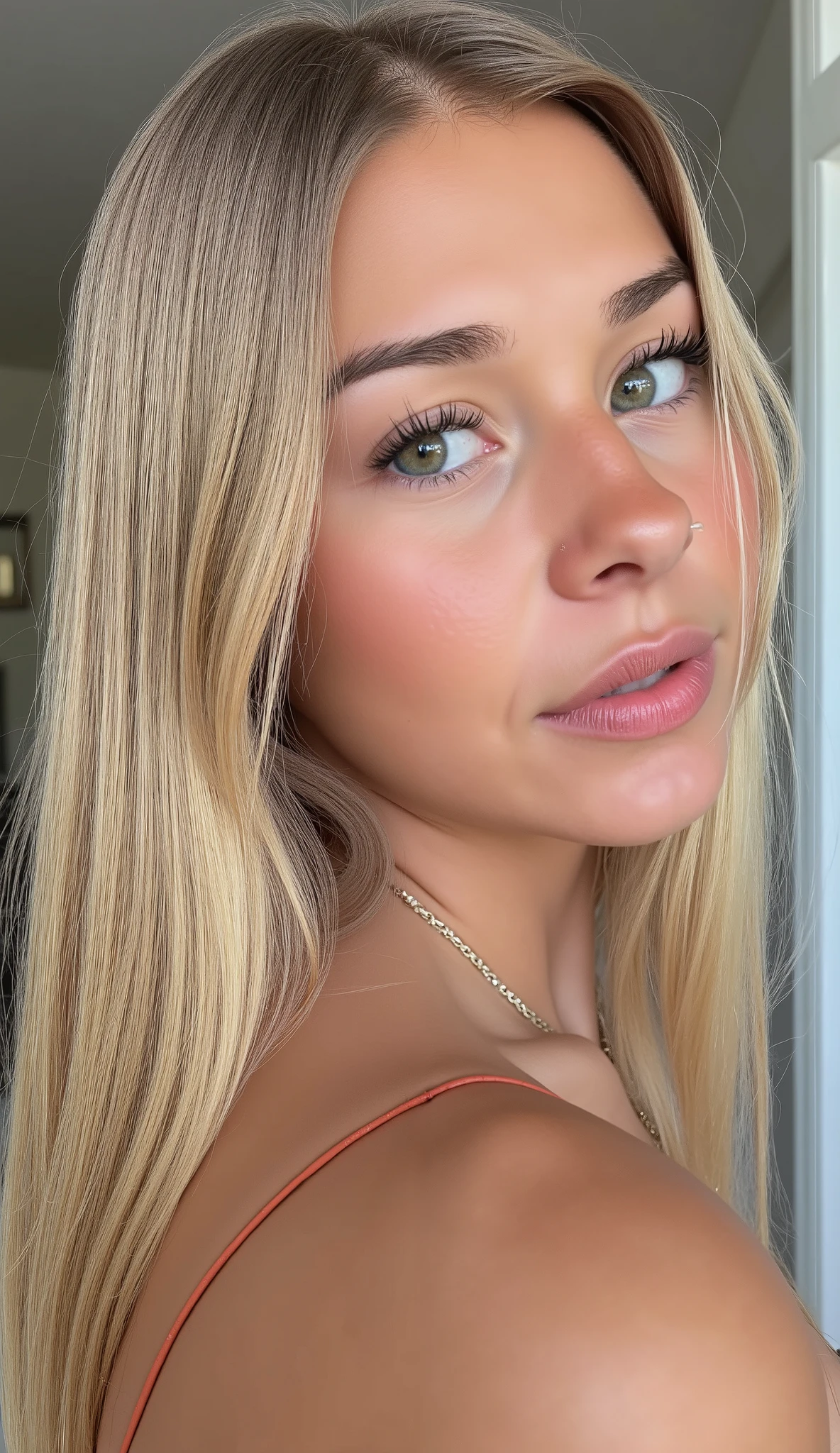 ultra high resolution. photorealistic: 0.1.4, UHD, pretty face, very hot, 19 years old, ((She has long blonde hair down to the middle of her waist and elegantly falling over her shoulders and back long thin pink lock)), ((from the front)), masterpiece, best quality, intricate, blue eyes, (Drinking water with drops running down her lips)