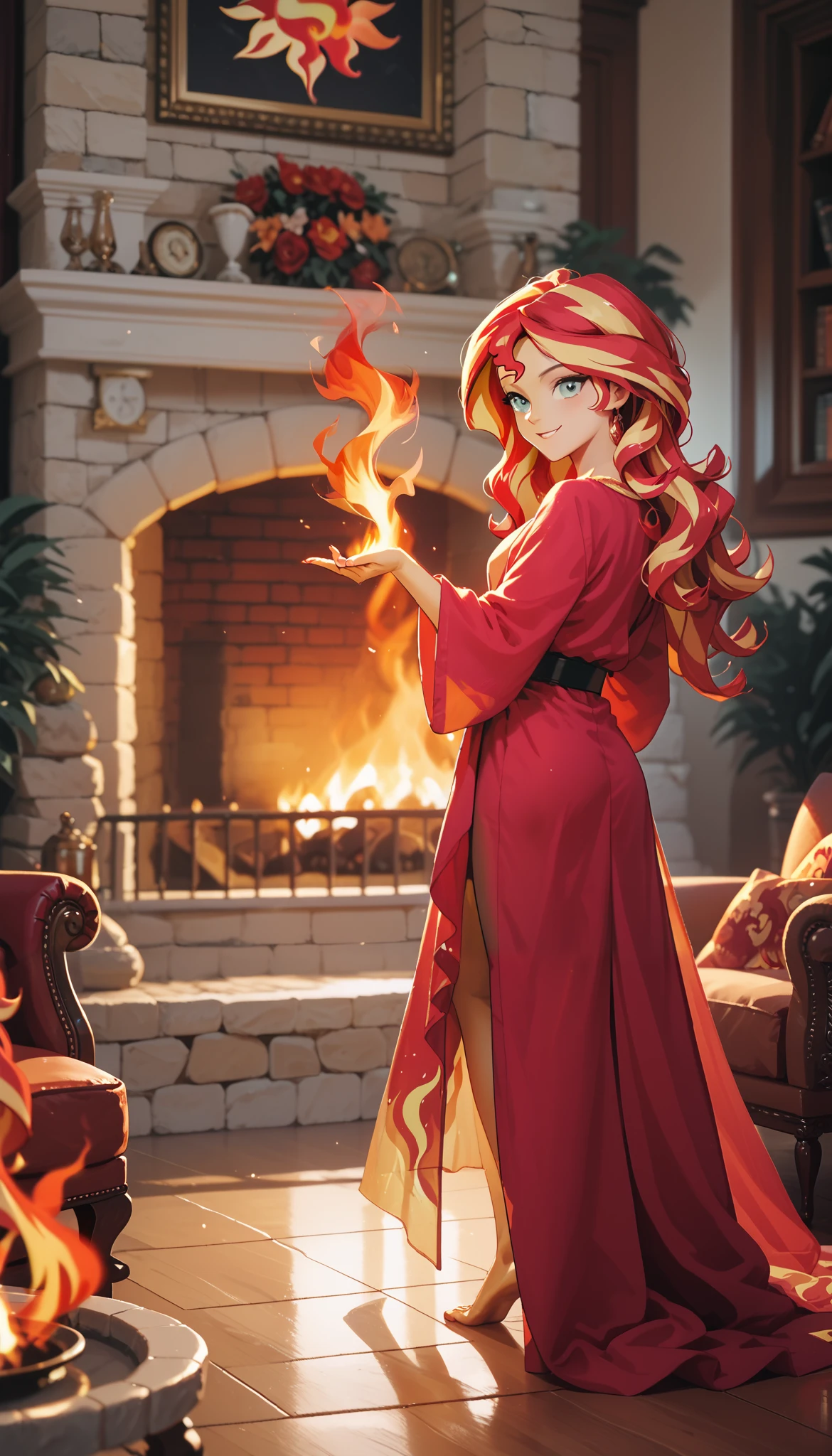 sunset shimmer, wavy hair, dancing in a fireplace, stone fireplace, long loose robe, red fire, bailing_fire, A girl made entirely of flames stands