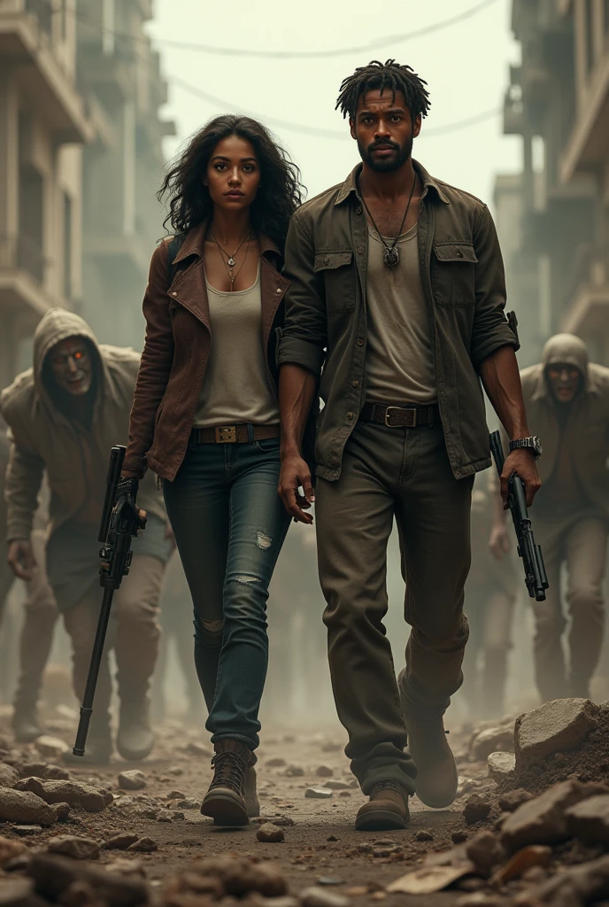 Create a woman with dark skin, long black hair, With indigenous traits in a zombie apocalypse, with a dark skinned man armed with short black hair and a mustache 