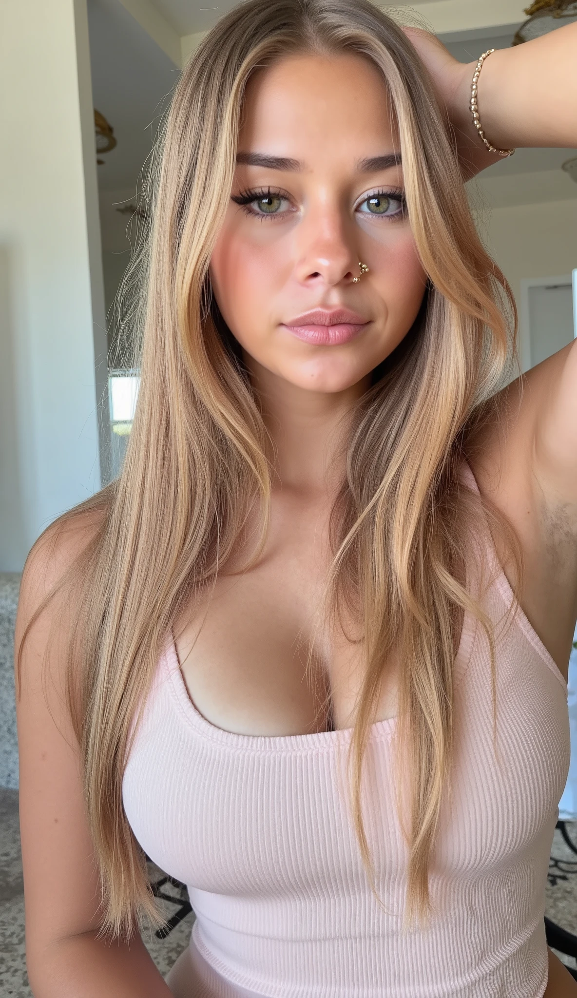 ultra high resolution. photorealistic: 0.1.4, UHD, pretty face, very hot, 19 years old, ((She has long blonde hair up to the middle of the waist and elegant falling over her shoulders and back long thin pink lock)), ((from the front)), masterpiece, best quality, intricate, blue eyes, (Selfie with one hand and other arm raised)