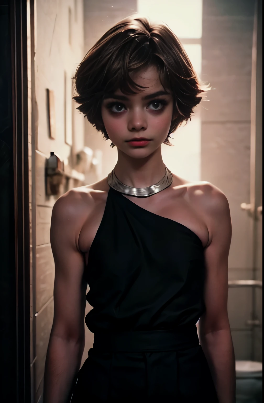 a young girl, half body shot, very small breasts, flat chested, runners skinny body, (best quality:1.2) , (masterpiece:1.1), ultra detailed, photorealism, upper body, (looking at viewer:1.1), (night, dark living room:1.2), short hair, atmospheric lighting, moody and gritty, low key lighting, solo, shy, clear light skin, medium straight light brown hair with a dark tint, beautiful long legs, perfect body, perfect brown eyes, expressive eyes, masterpiece, (slender girl:1.1), bangs between the eyes, parororo, disheveled hair, look at you